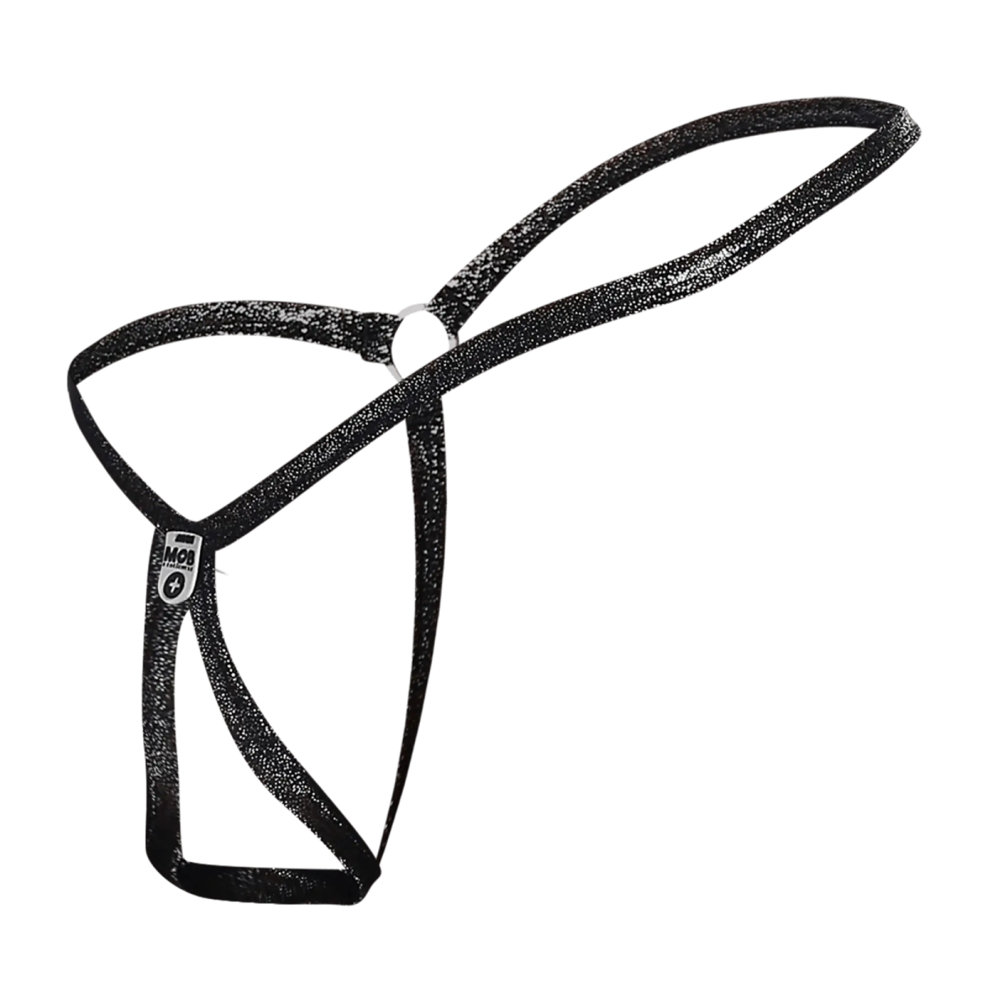 Black glittery harness string thong with small white logo tag for men by mob tear drop style mbl24