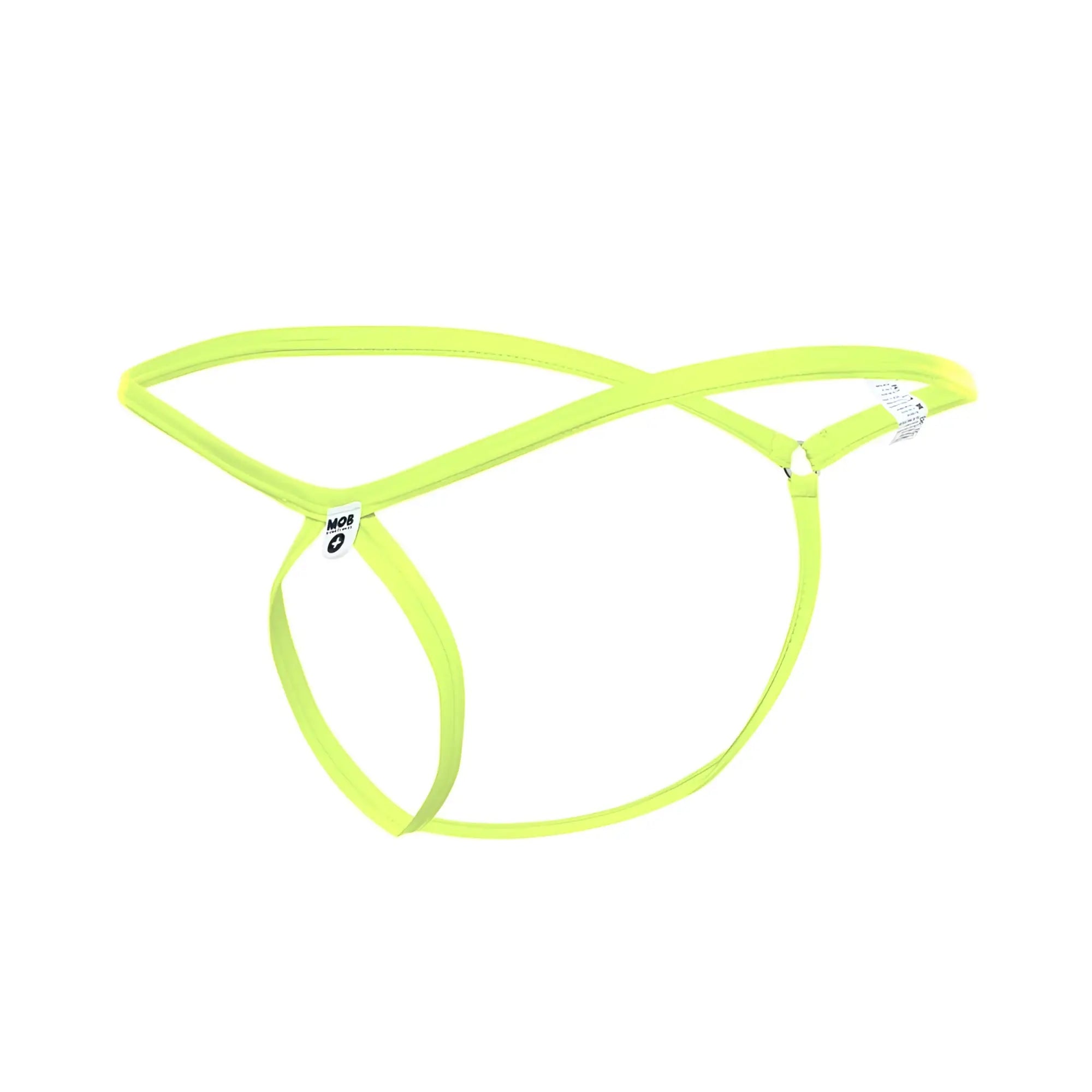 Bright neon green mob men’s tear drop string thong made of stretchy fabric with minimalist design and small brand tags