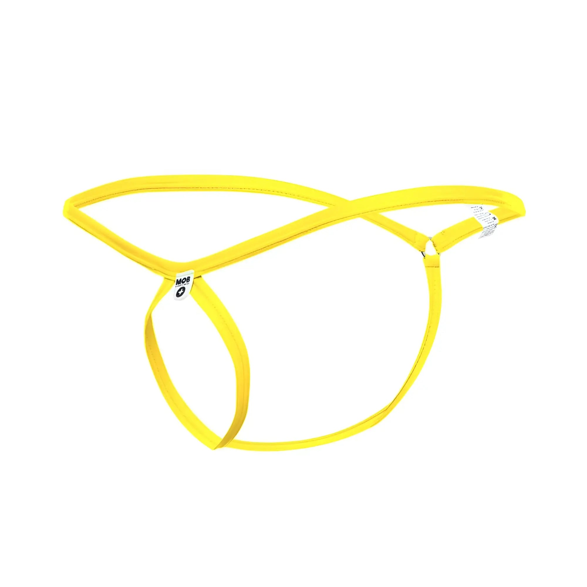 Bright yellow thin elastic fabric thong with crisscross design and brand tags from MOB men’s tear drop string thong MBL24