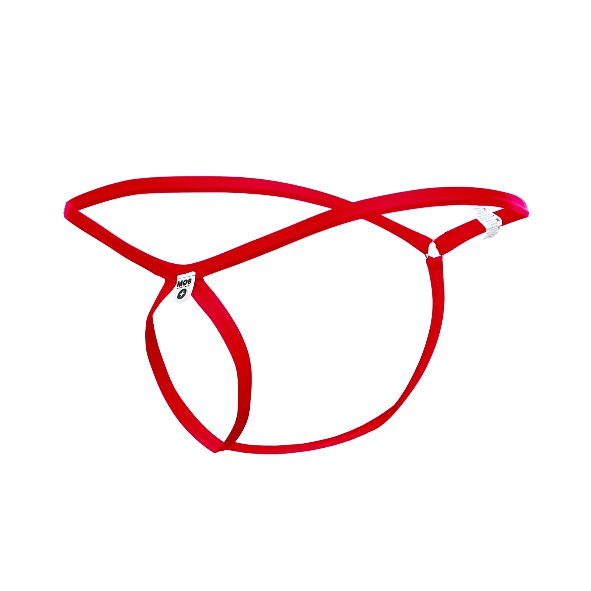 Red velvet mob men’s tear drop string thong with sleek minimalist design and thin straps shown from the back side