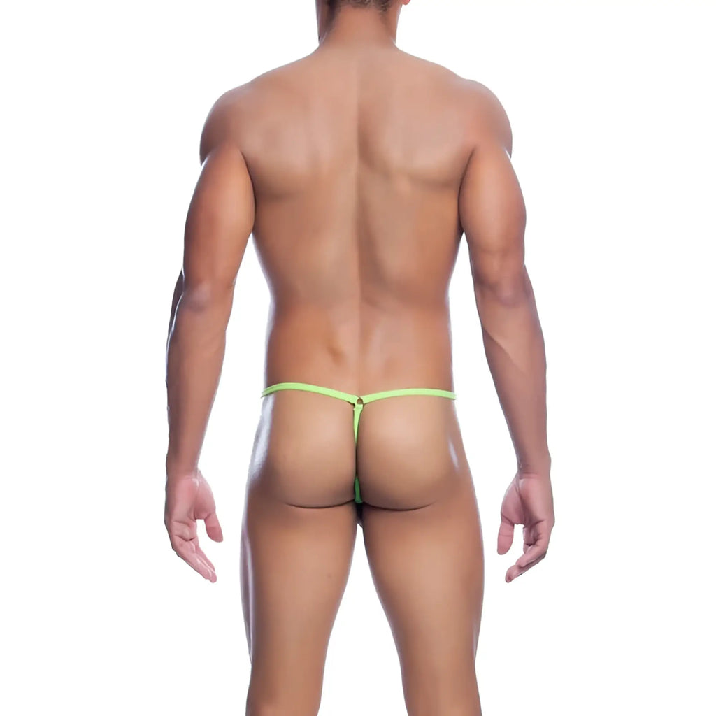 Vibrant lime green mob men’s tear drop string thong with thin seamless design shown from the back side