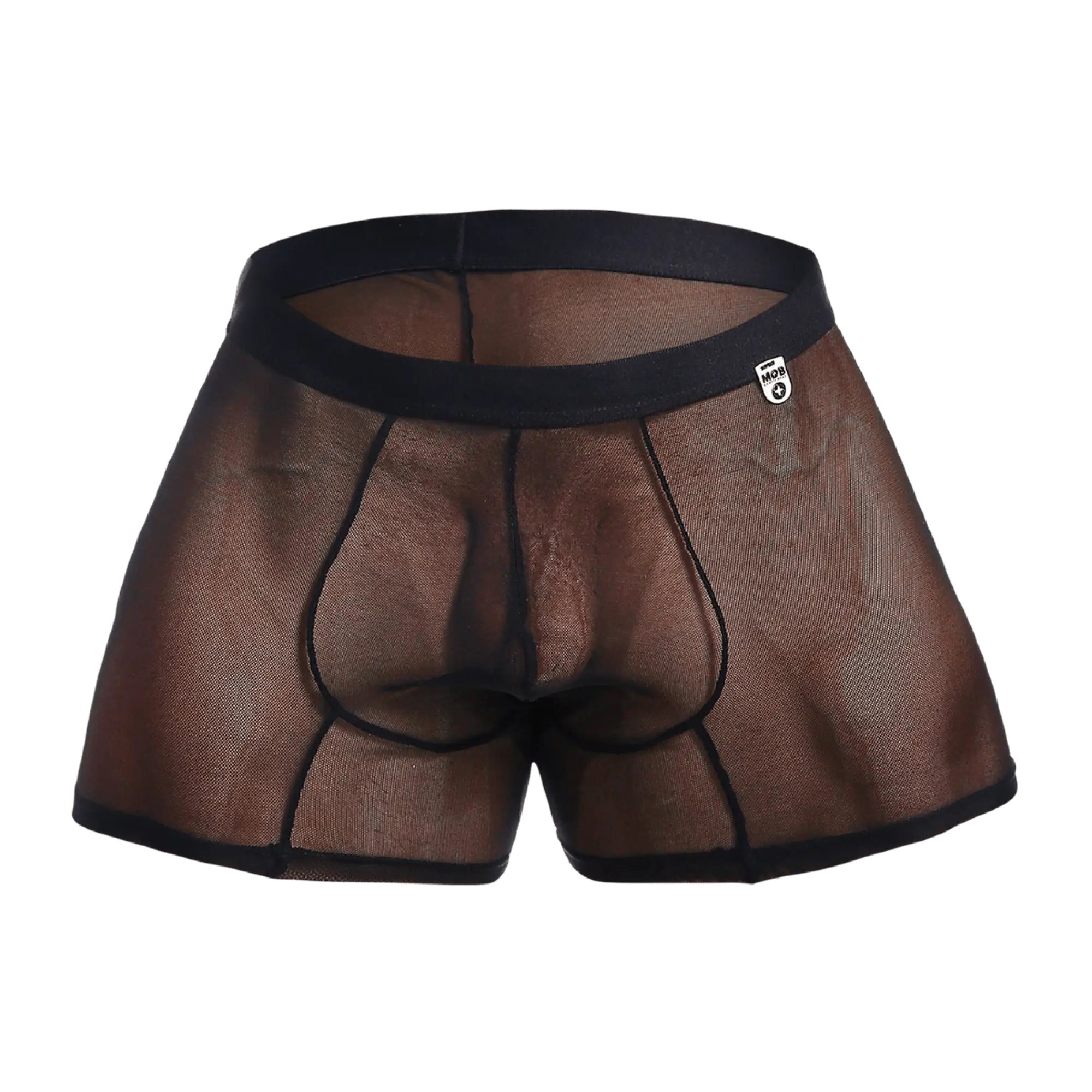 Black mesh men’s boxer underwear with solid black waistband and trim from mob mesh boxer collection
