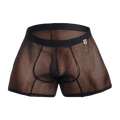 Black mesh men’s MOB mesh boxer underwear with solid black waistband and trim shown from the front