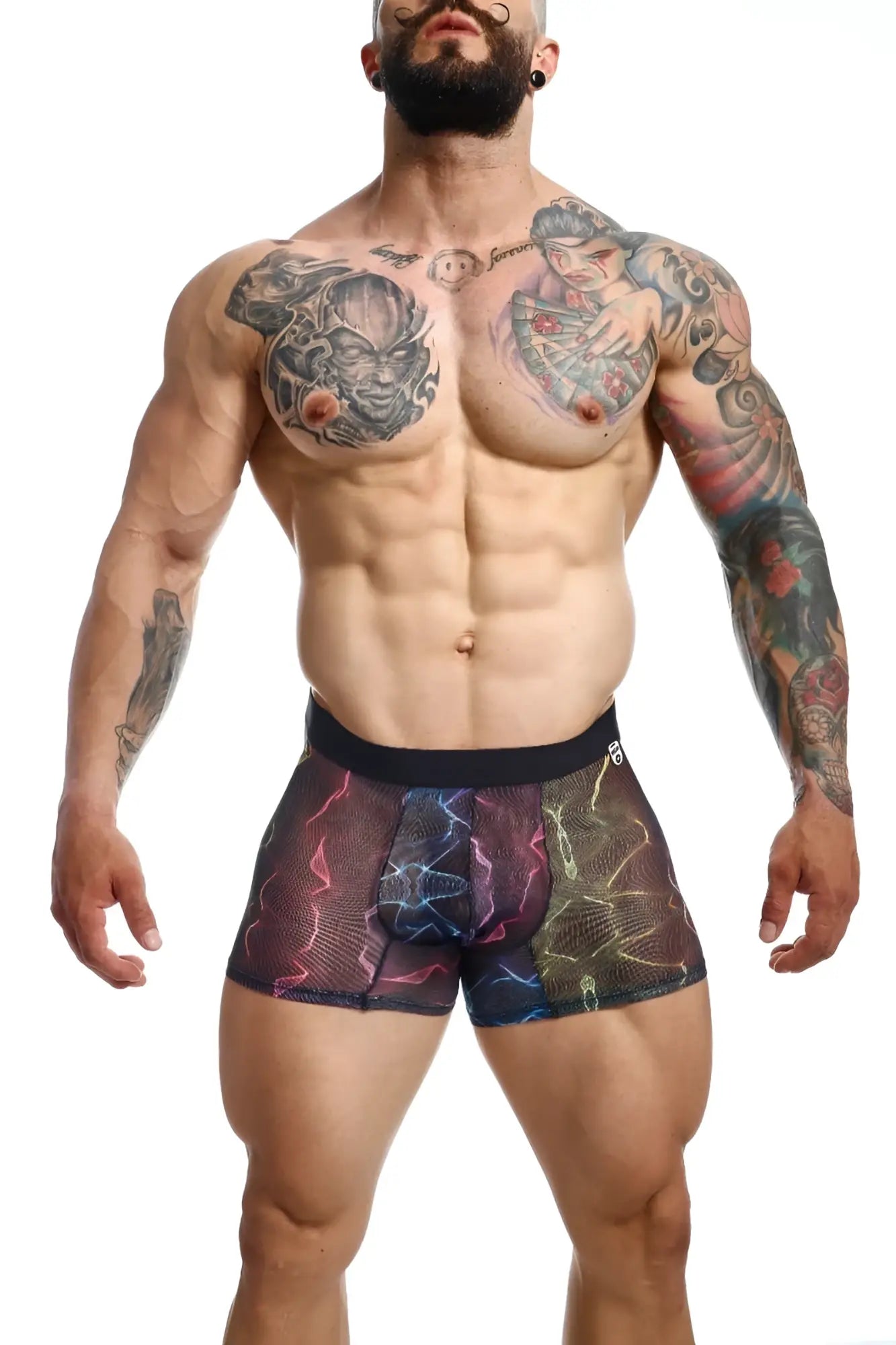 Mob mesh boxer black and multicolored lightning-patterned mesh boxer briefs with breathable fabric design