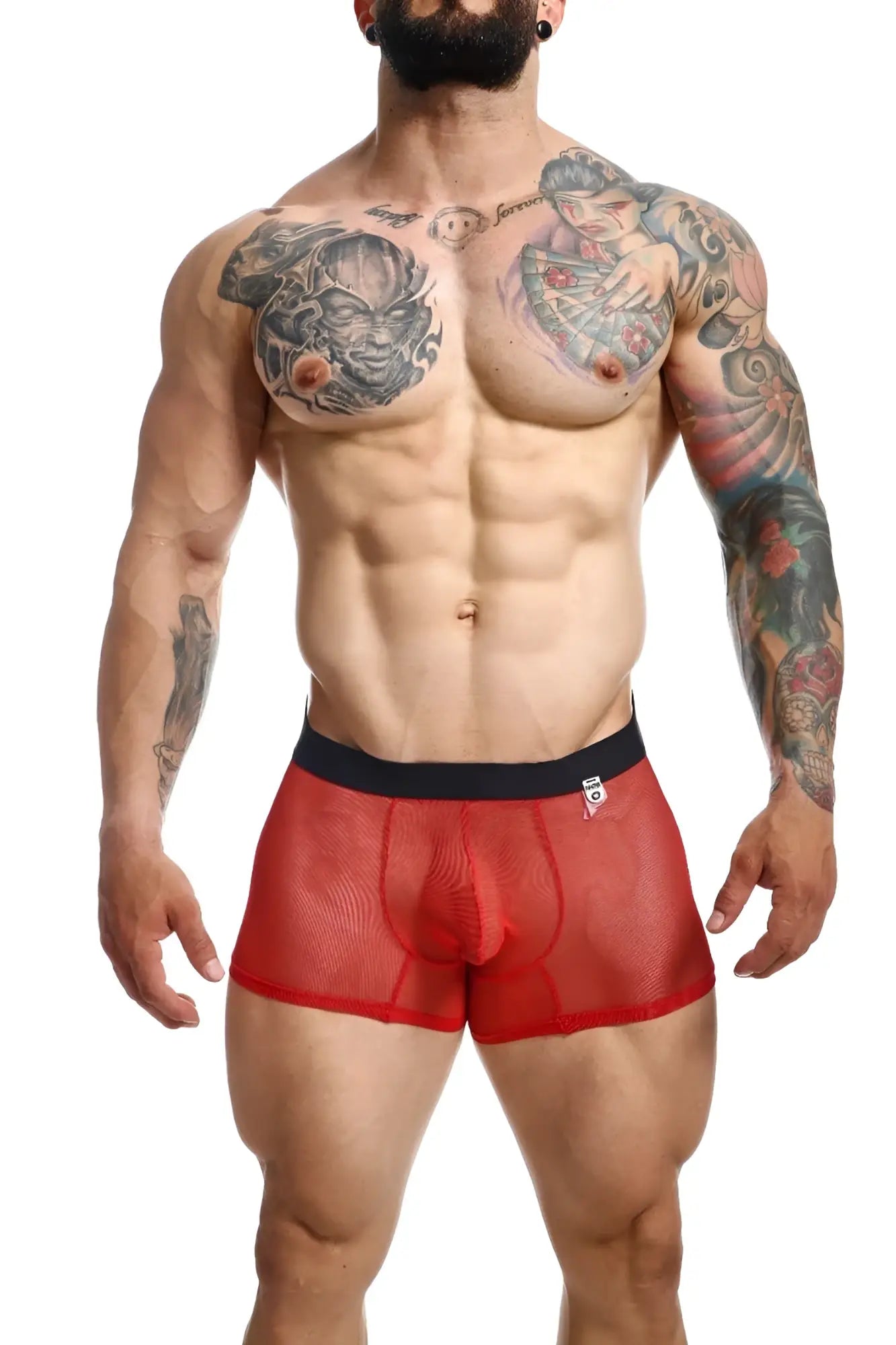 Red mesh boxer briefs with black waistband from MOB Mesh Boxer featuring breathable mesh fabric