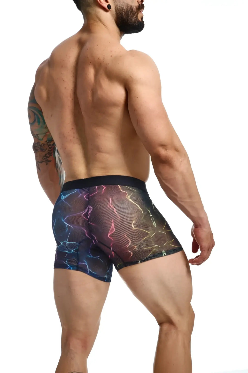 MOB Mesh boxer black boxer briefs with vibrant iridescent blue pink and gold lightning bolt pattern