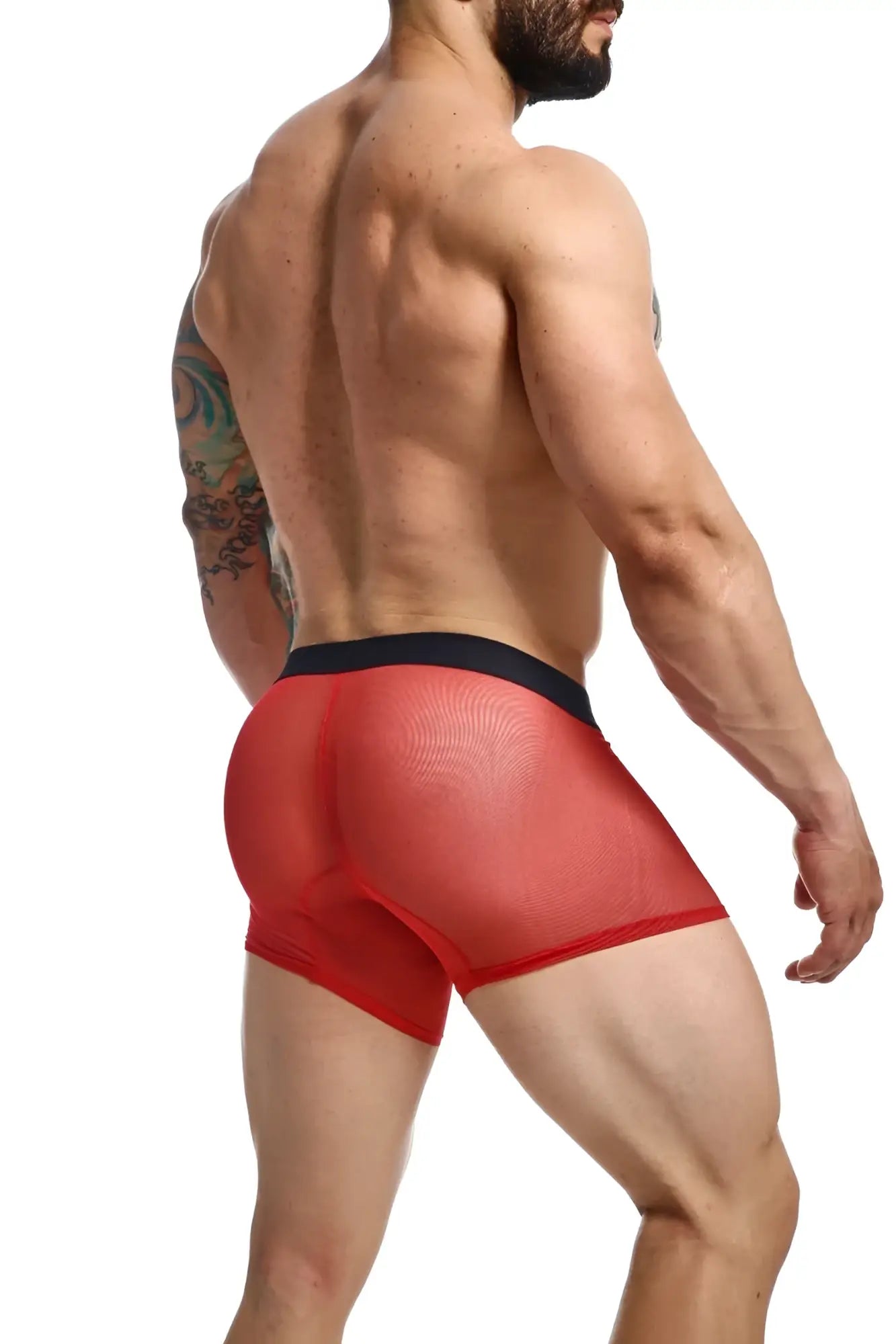 Red mesh boxer briefs with black waistband featuring breathable mesh material from mob mesh boxer collection