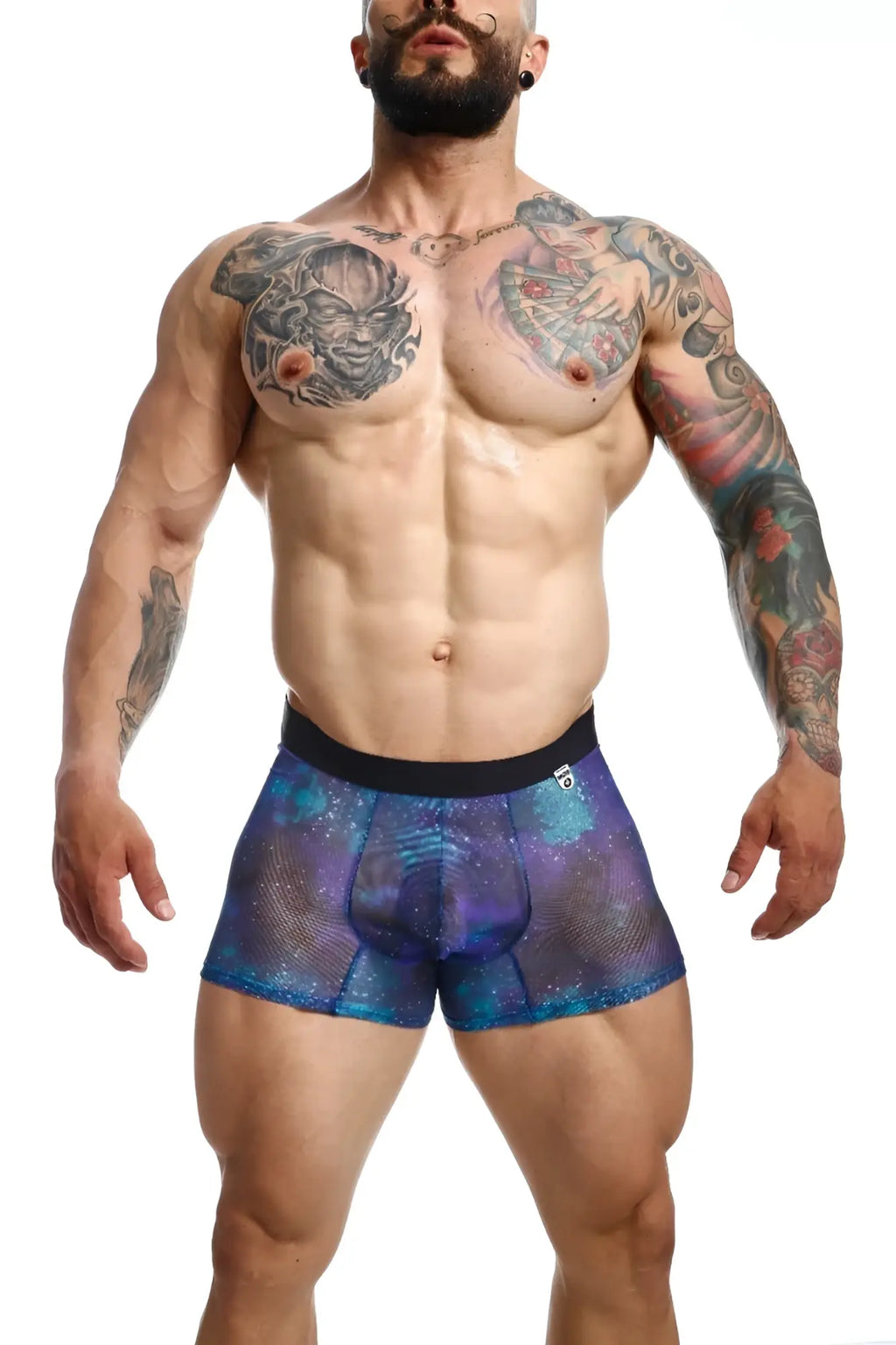 MOB mesh boxer briefs in blue and purple galaxy pattern with black waistband made of breathable mesh material