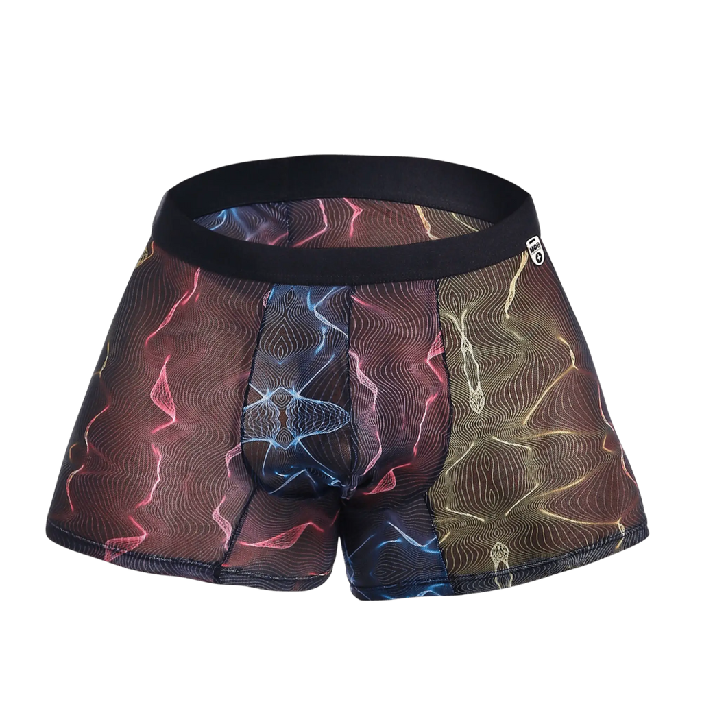 MOB mesh boxer vibrant multicolored men’s boxer briefs with abstract wave pattern in pink blue gold on sheer mesh
