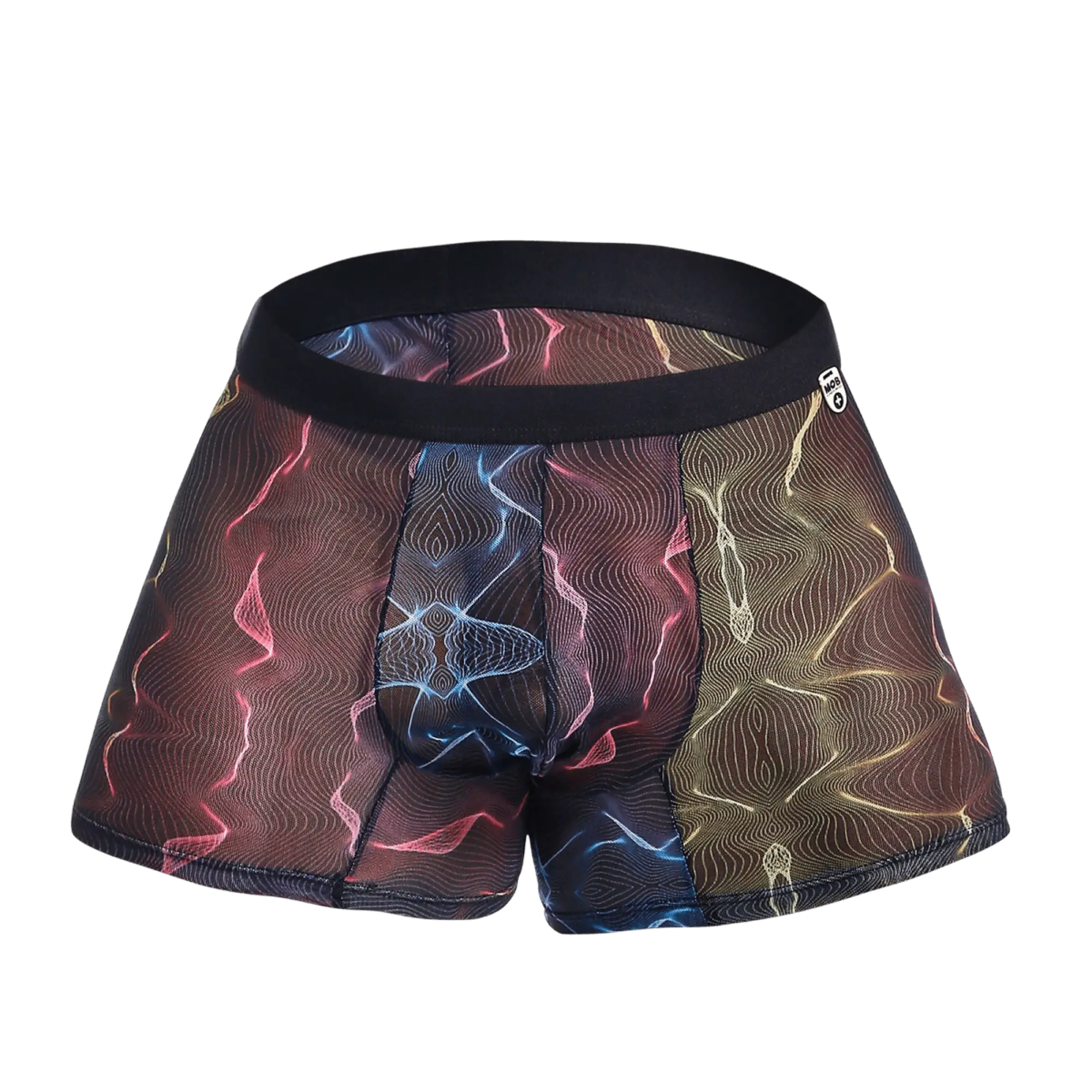 Vibrant multicolored mob mesh boxer men’s boxer briefs with abstract pink blue gold wave pattern on sheer mesh fabric
