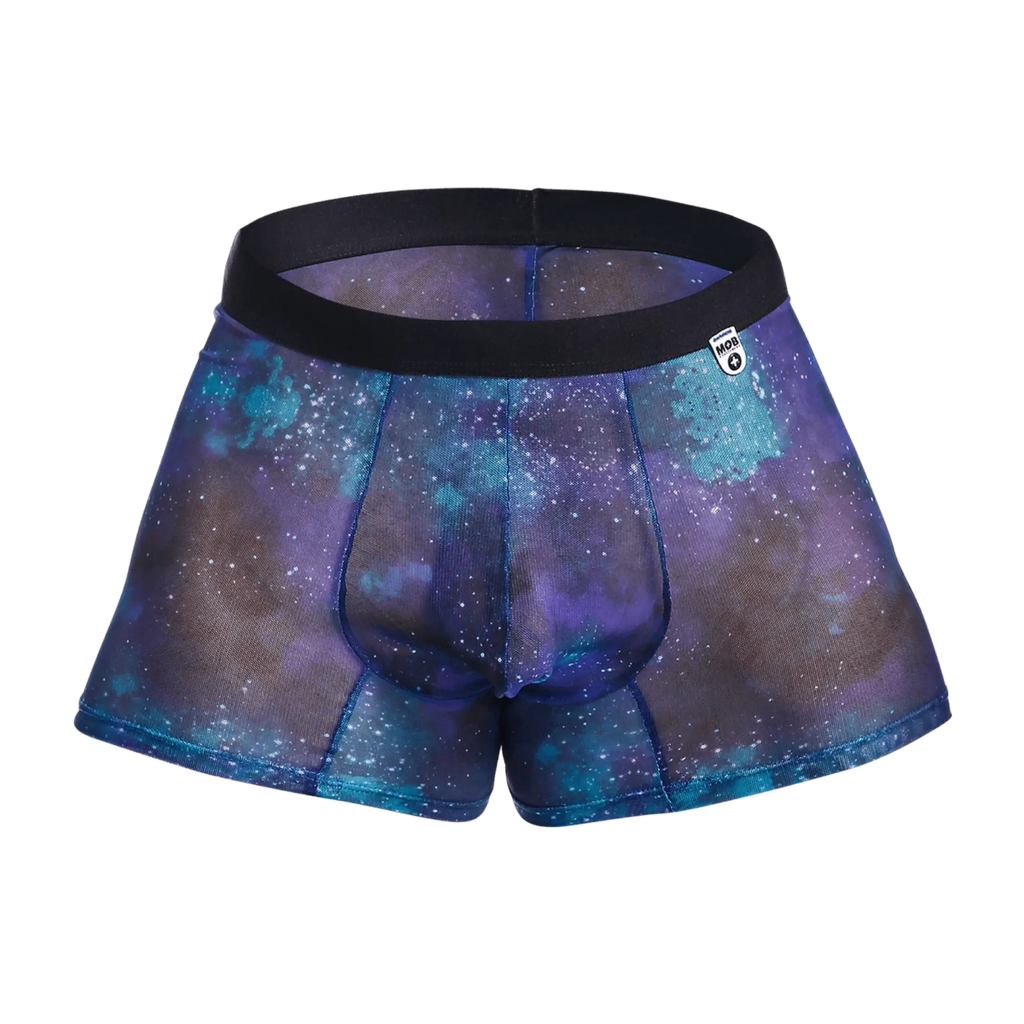 Mob mesh boxer purple and blue galaxy patterned mesh boxer briefs with black elastic waistband front view