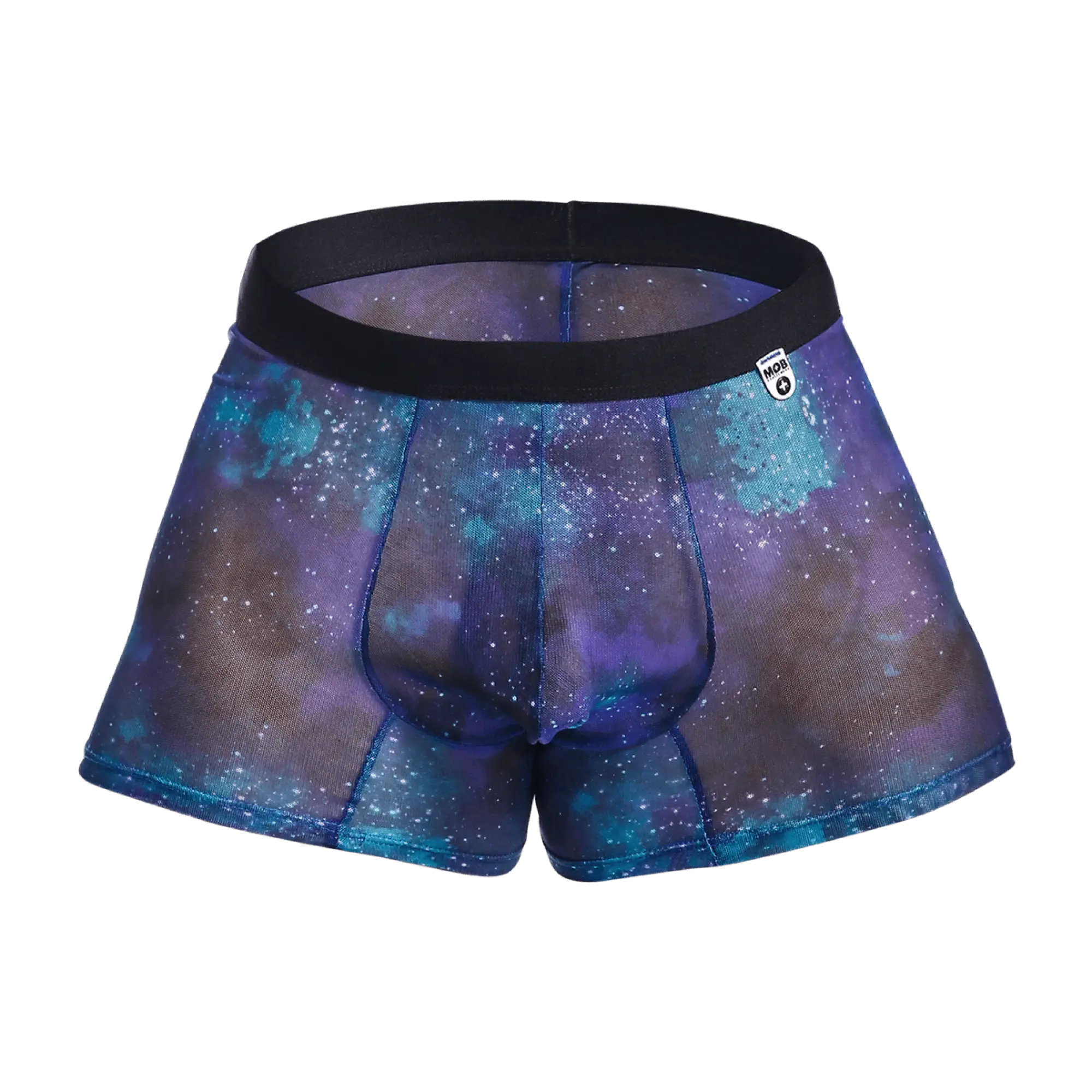Mob mesh boxer purple and blue galaxy-patterned mesh boxer briefs with black elastic waistband front view