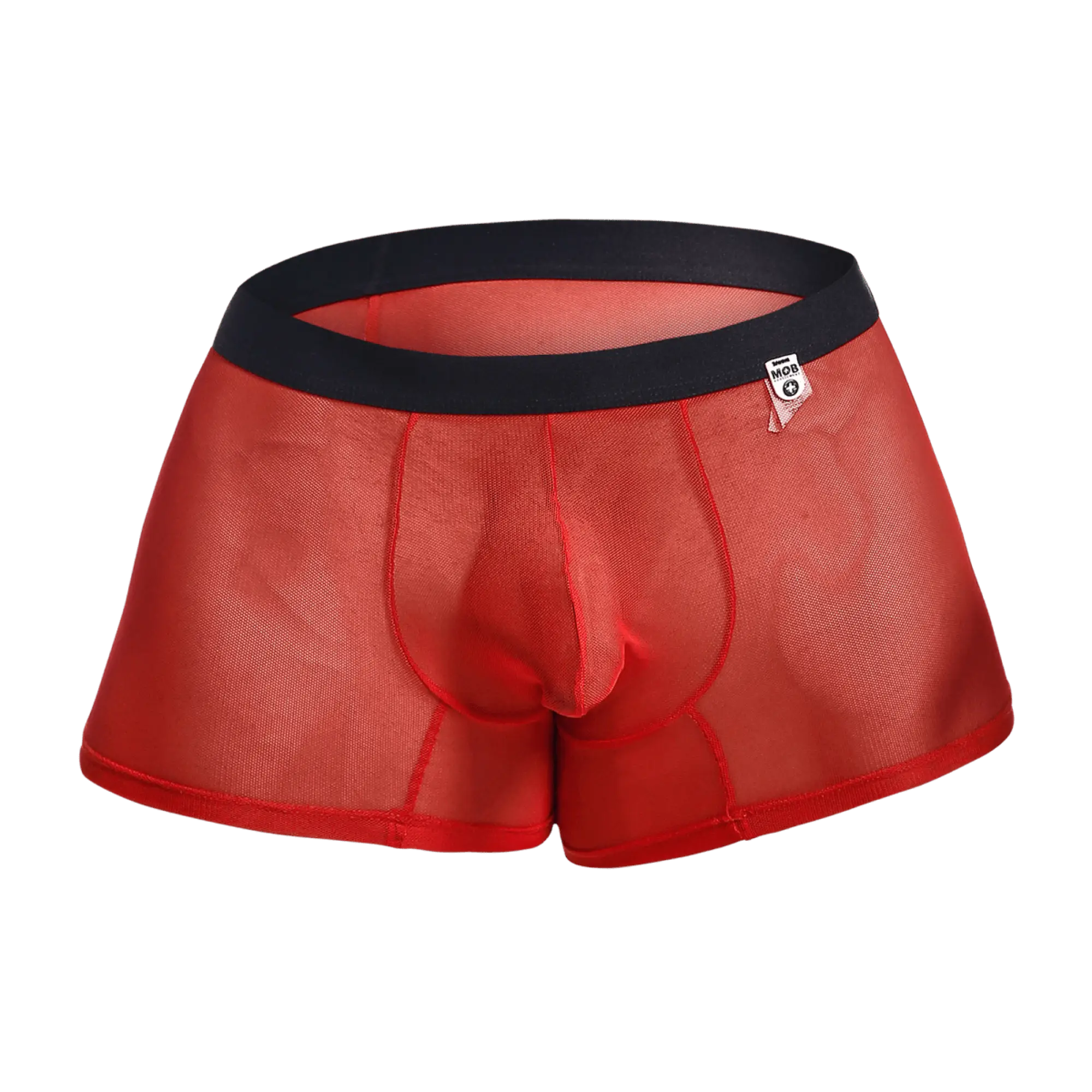 Red sheer mesh men’s boxer briefs with black elastic waistband and white brand tag from MOB mesh boxer collection