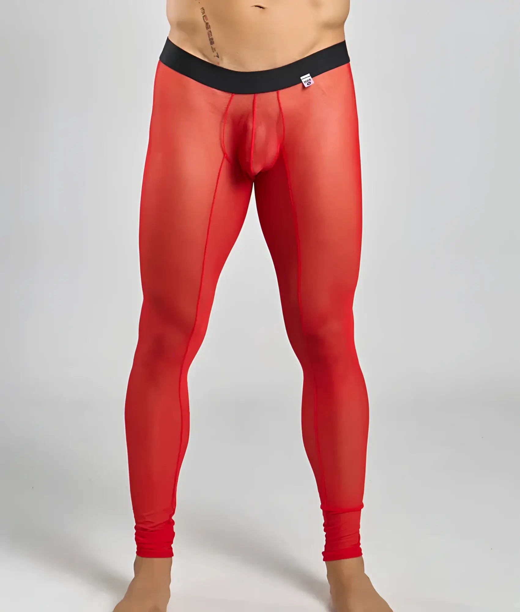 Mob mesh tights red sheer mesh men’s leggings with black waistband showing front side