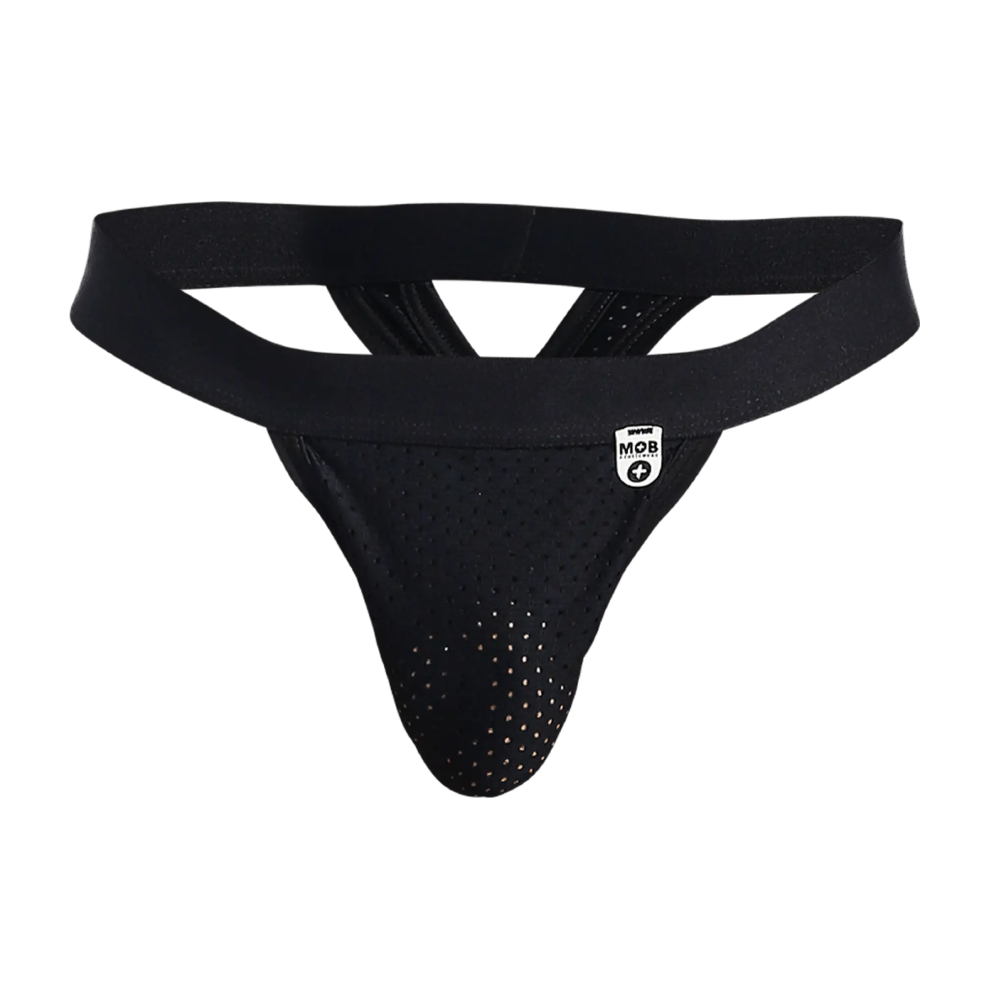 Black perforated mob mesh y thong athletic supporter with wide elastic waistband and white logo patch