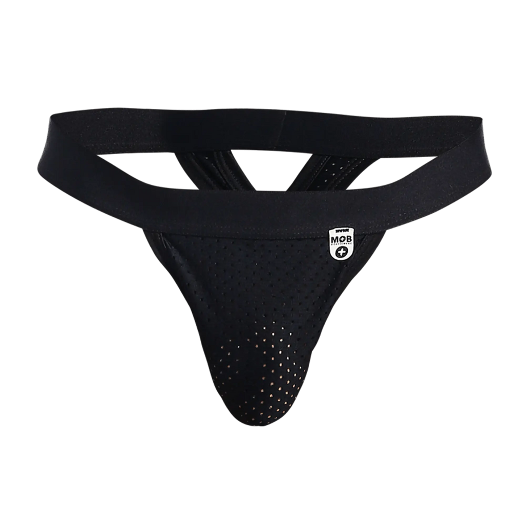 Black perforated athletic supporter mob mesh y thong with wide elastic waistband and small white logo patch