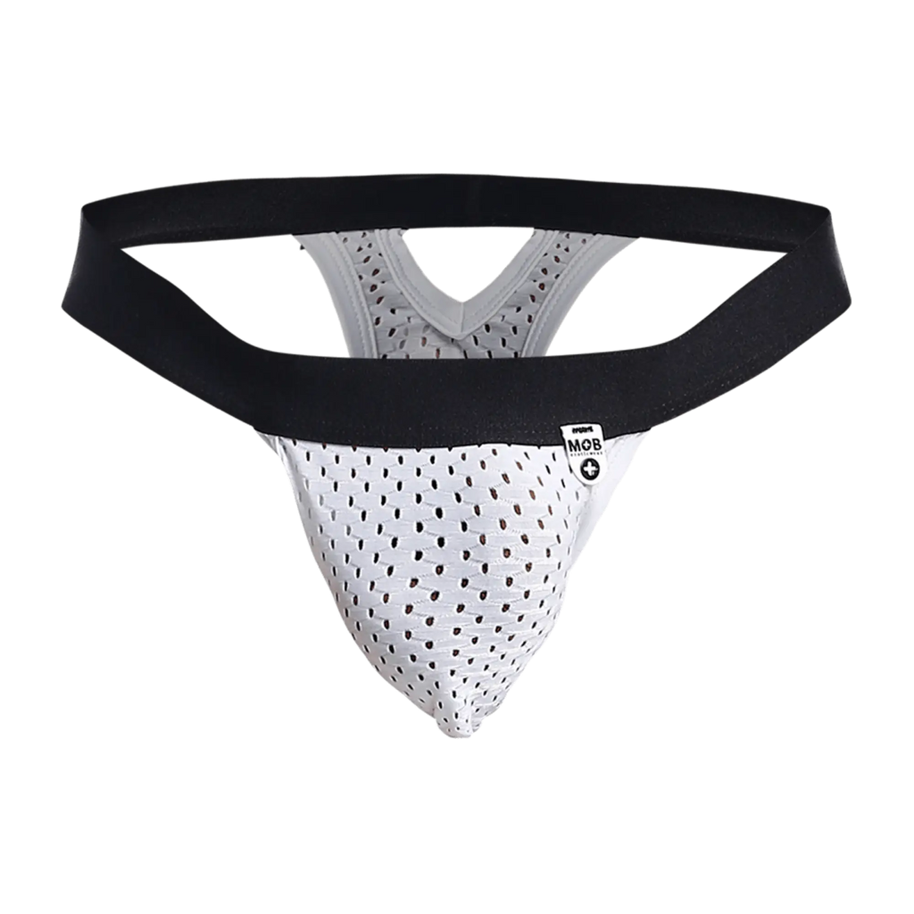White perforated mesh mob mesh y thong athletic supporter with black elastic waistband and brand tag visible