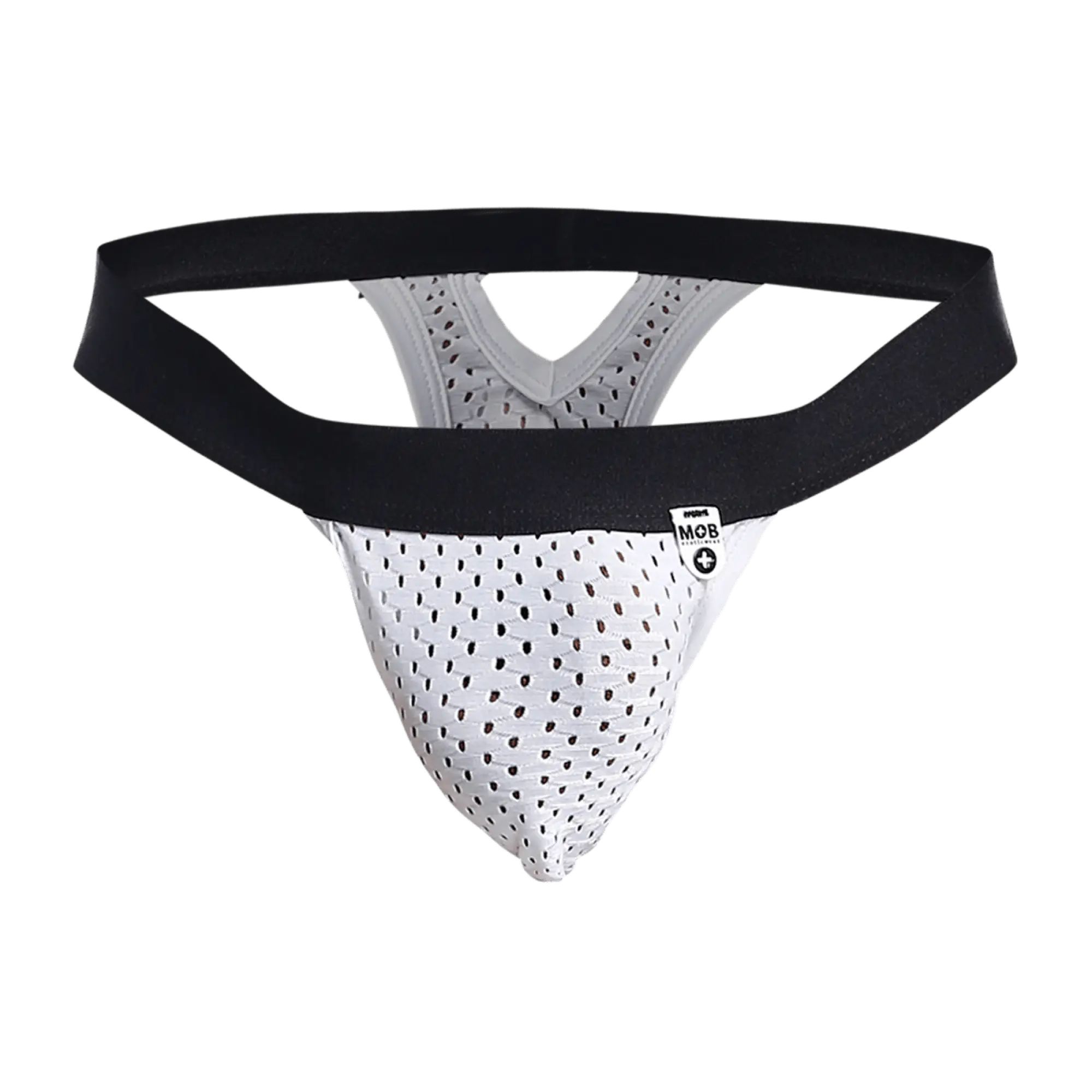 White perforated mesh mob mesh y thong athletic supporter with black elastic waistband and brand tag visible