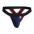 Blue and red perforated mesh athletic supporter with black elastic waistband shown from the back side