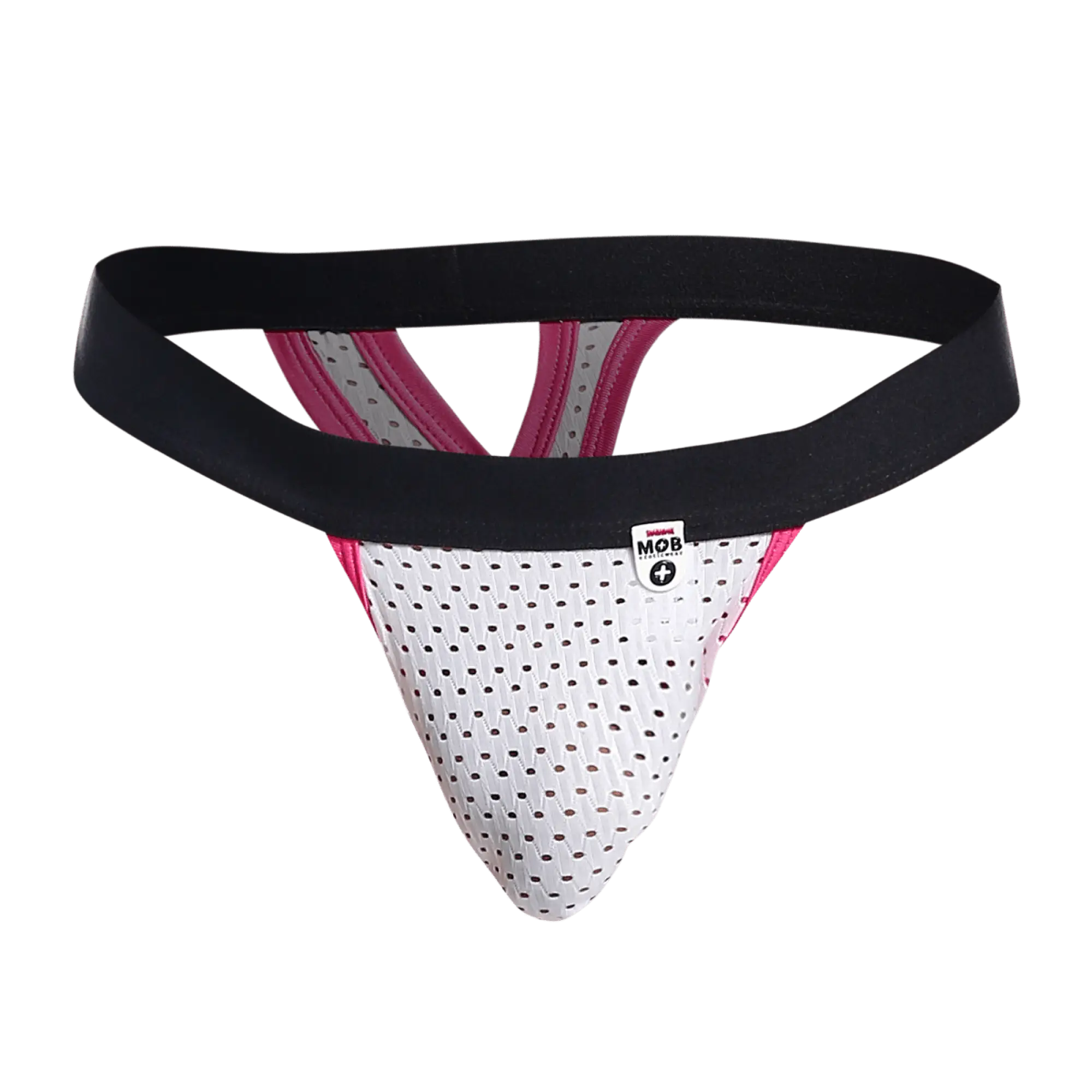 White perforated athletic supporter mob mesh y thong with black and pink trim and a branded tag visible