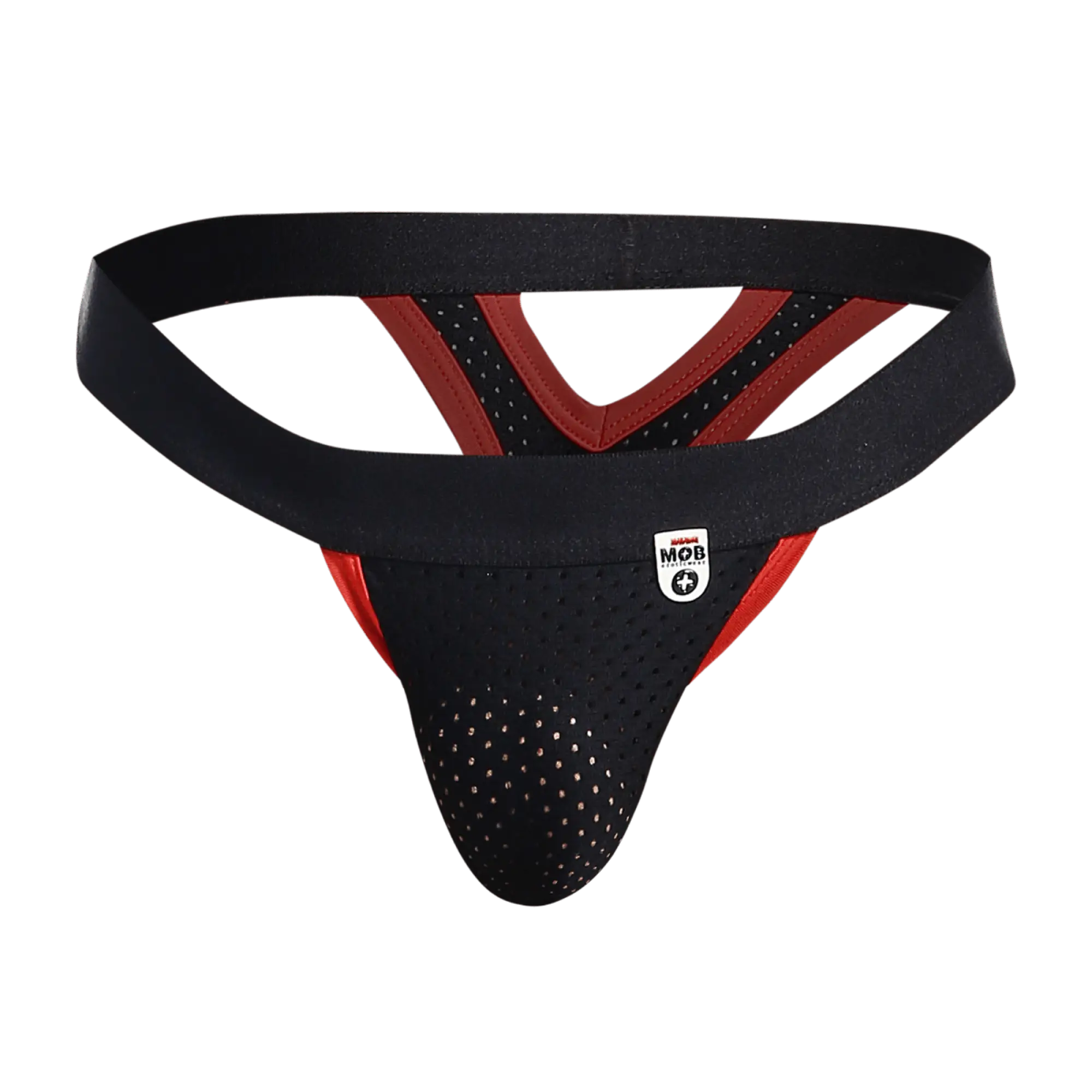 Black and red perforated mesh athletic supporter thong with branded logo patch designed for sports and active wear