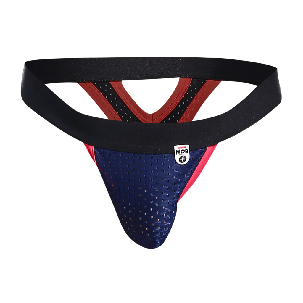 Blue and red perforated mesh athletic thong with black elastic waistband front view for performance support