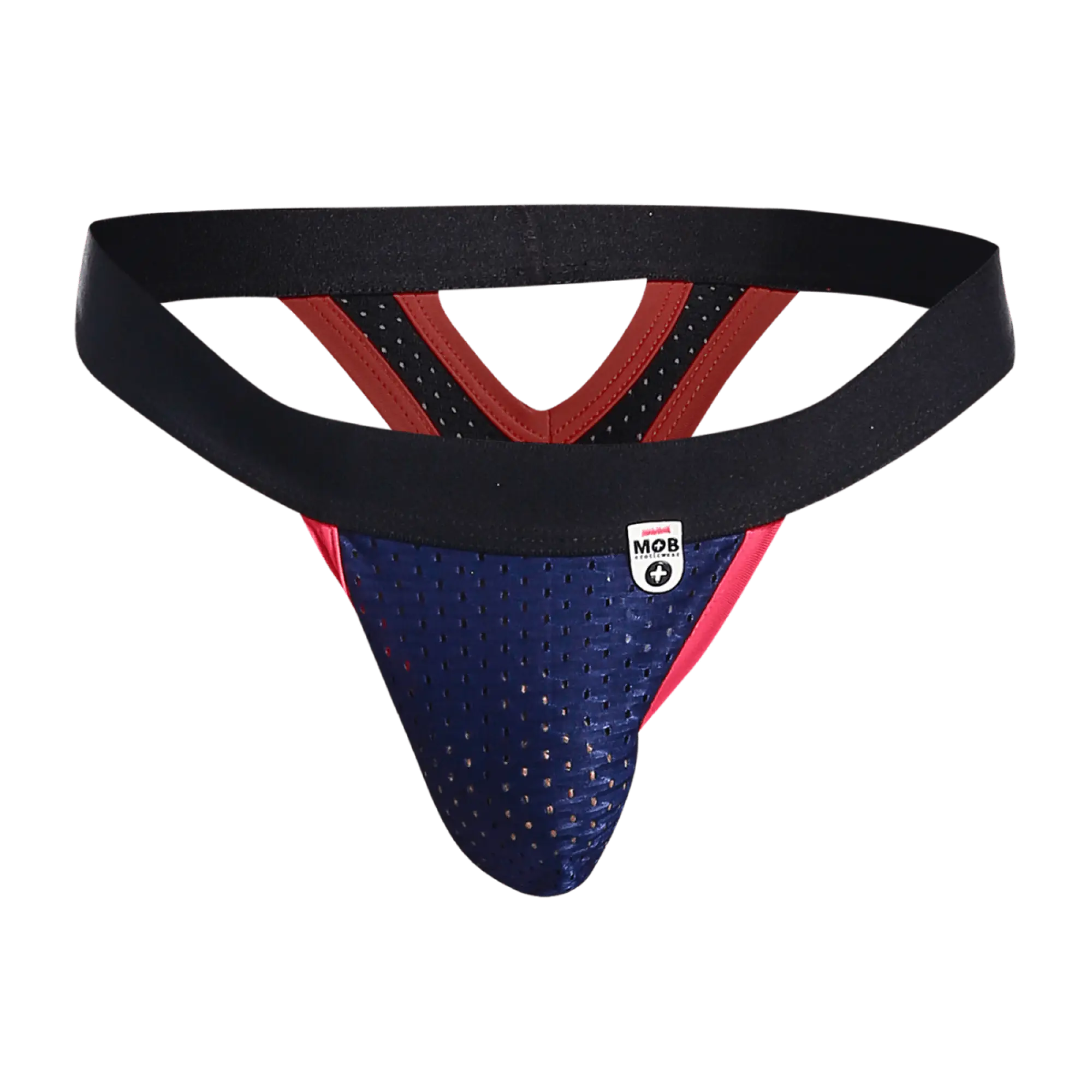 Blue and red perforated mesh athletic thong with black elastic waistband front view for performance support