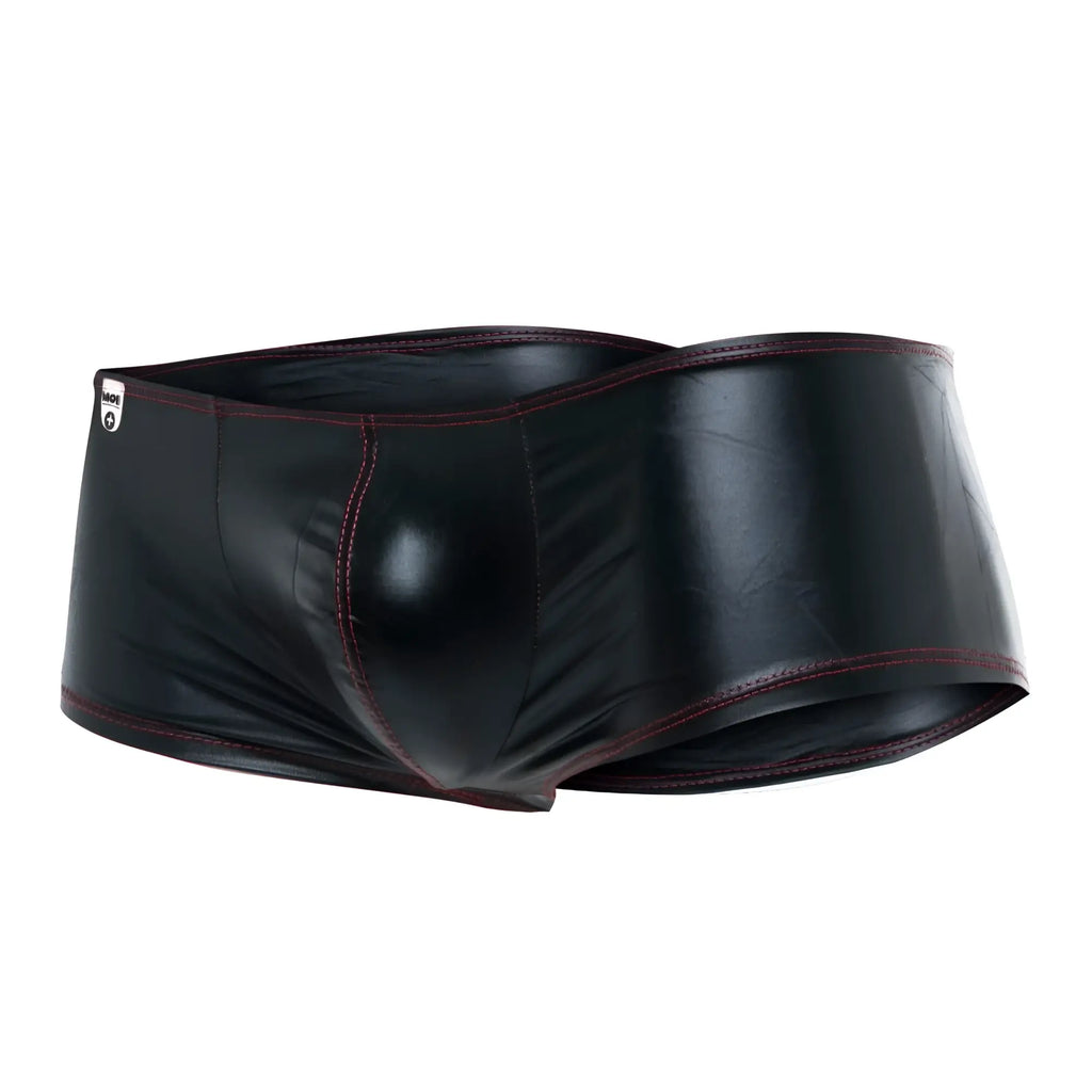 Mob mirror boxer black patent leather briefs with dark red stitching showing front view