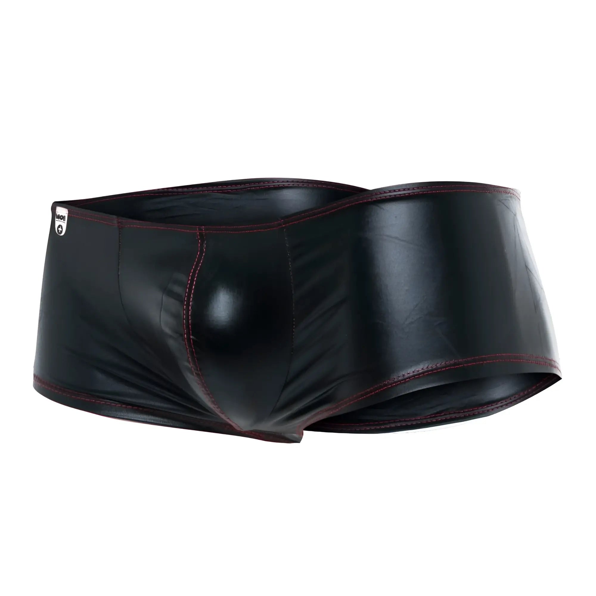 Mob mirror boxer black patent leather briefs with dark red stitching showing front view