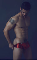 Shiny red metallic mob mirror boxer briefs with a small logo on the front for stylish comfort