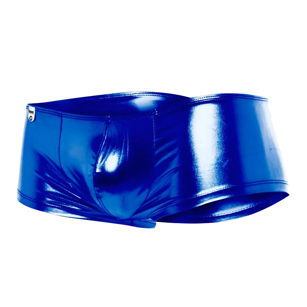 Vibrant royal blue glossy patent leather mob mirror boxer briefs with a sleek, form-fitting design