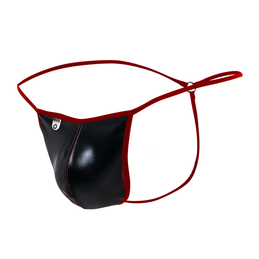 Black and red leather thong with glossy finish showing back side from mob mirror g string collection