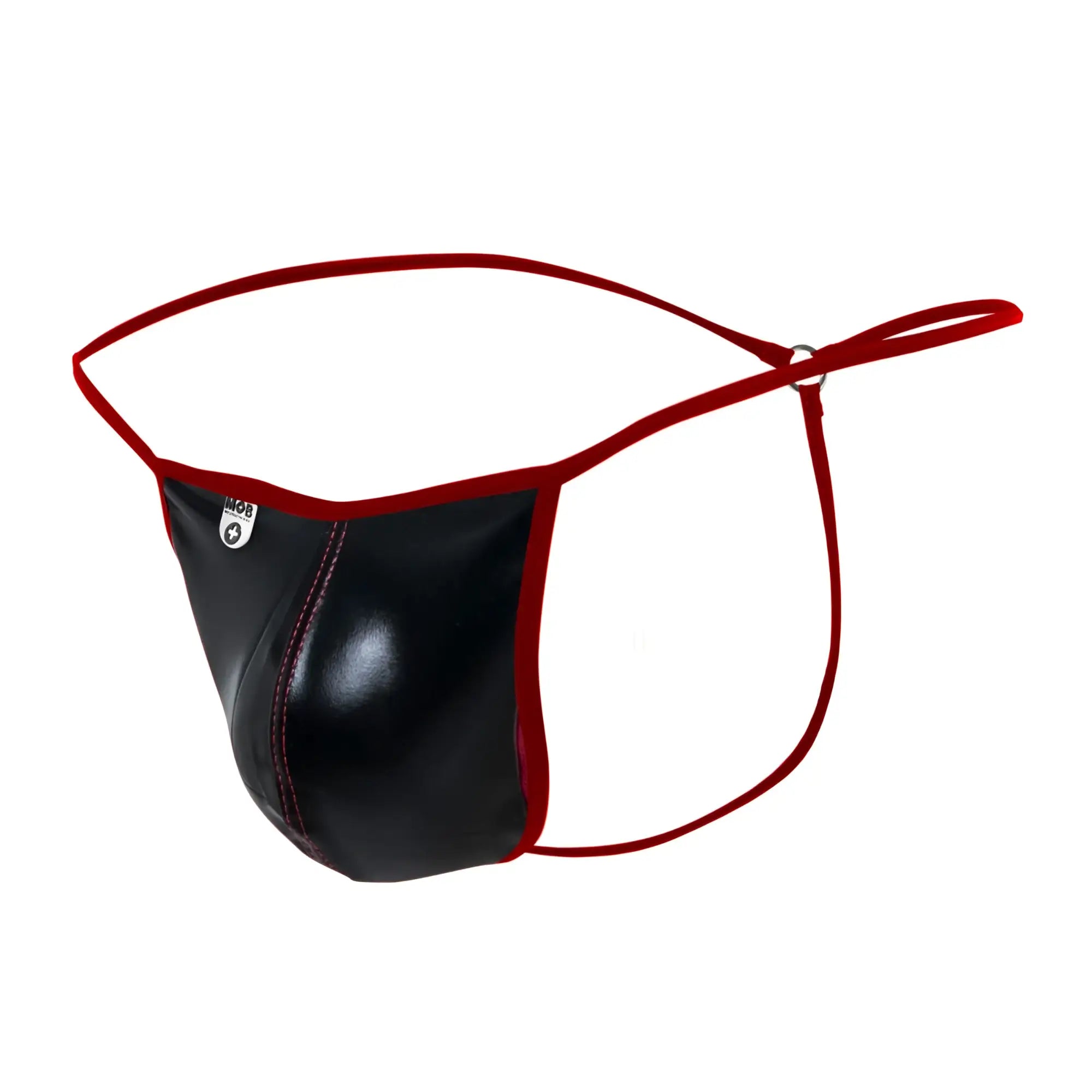Black and red leather thong with glossy finish showing back side from mob mirror g string collection