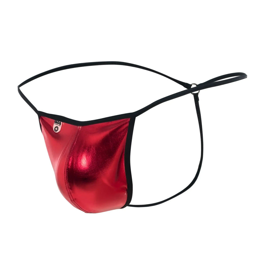 Mob mirror g string red metallic fabric thong with black elastic straps and trim showing front side view