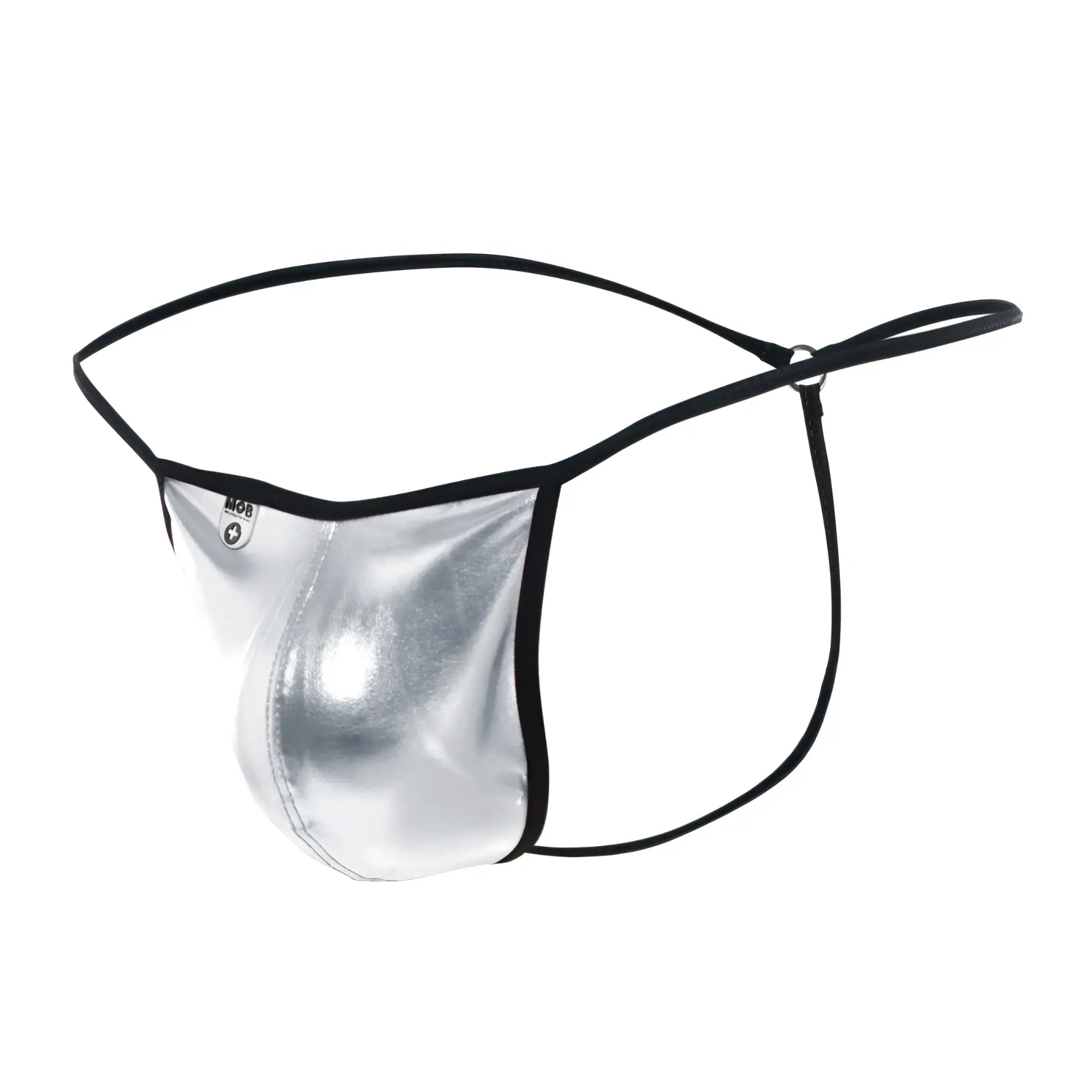 MOB Mirror G String silver metallic thong with black elastic trim and small brand tag front view