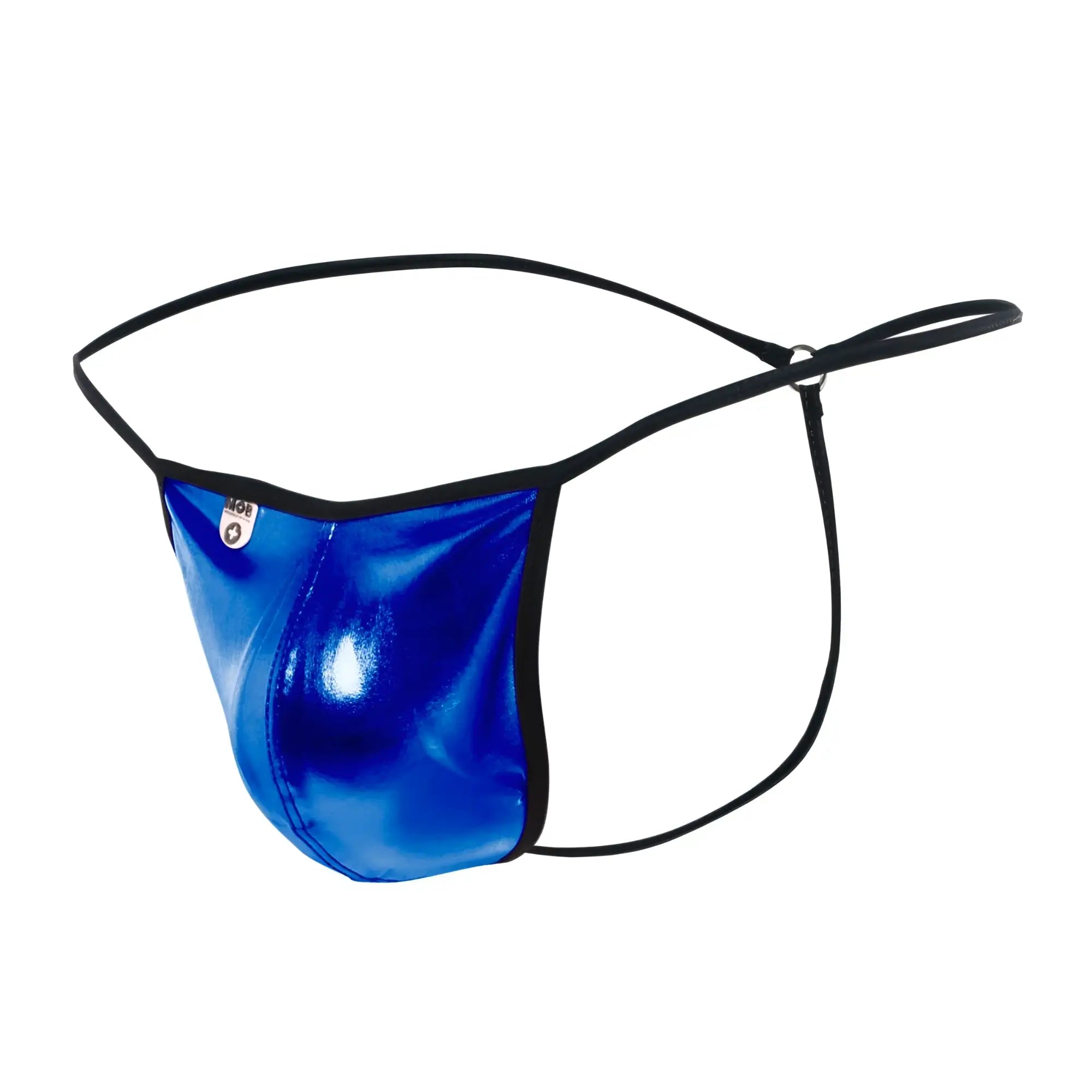 MOB mirror G string vibrant blue metallic fabric thong with black elastic trim and adjustable garter straps