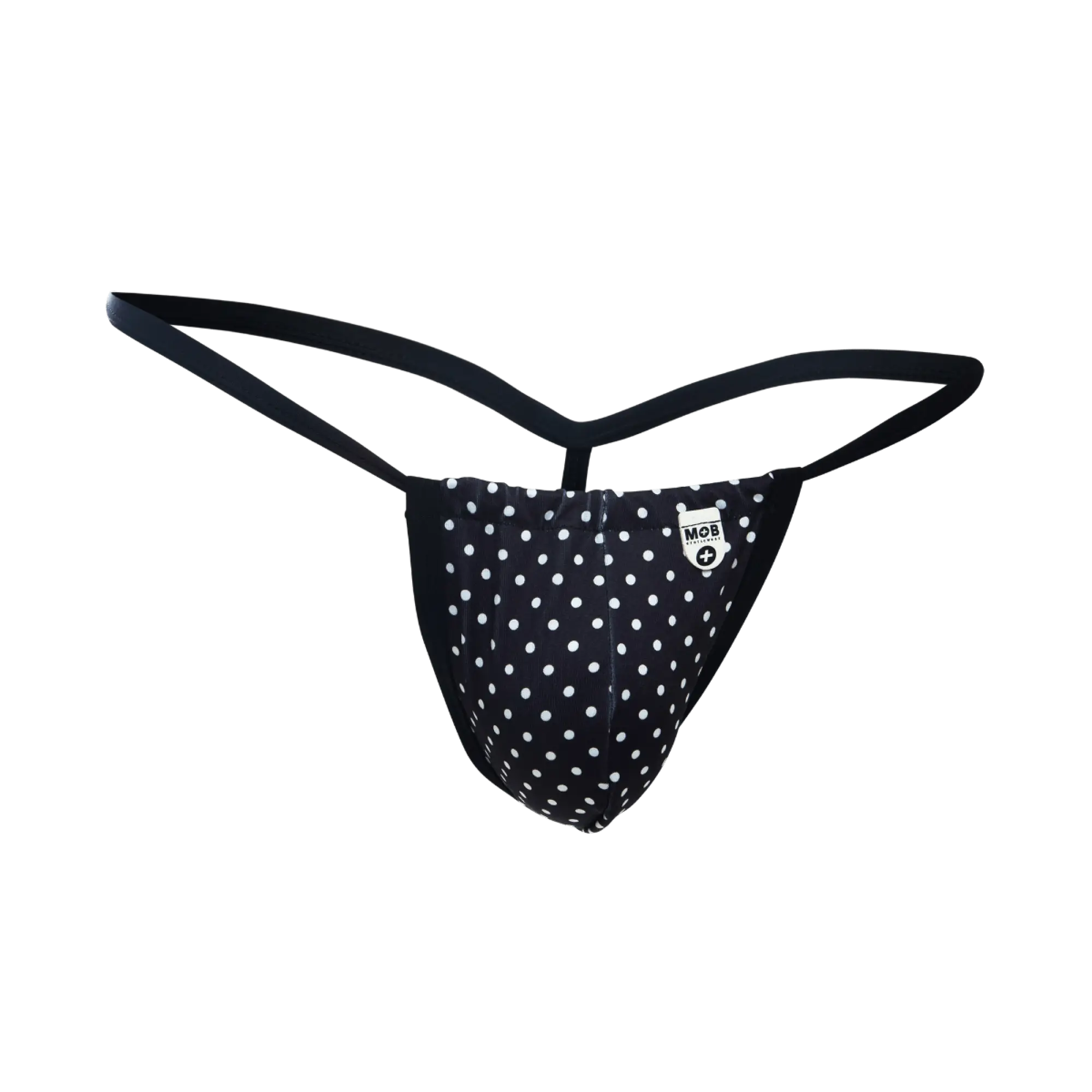Black polka dot thong with white dots and small mob logo patch on front from mob print g-string out collection