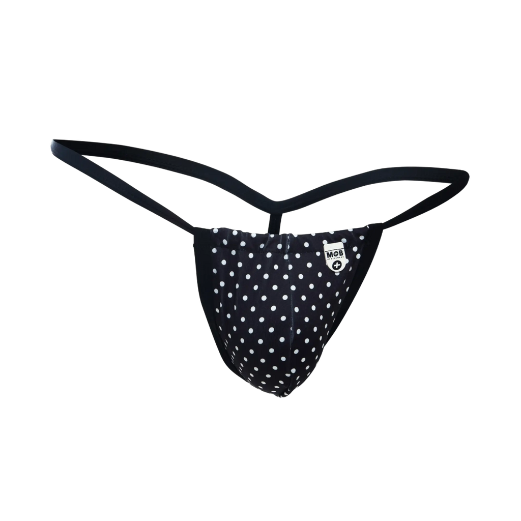 Black polka dot thong with white dots and a small mob logo patch on the front from mob print g-string out collection