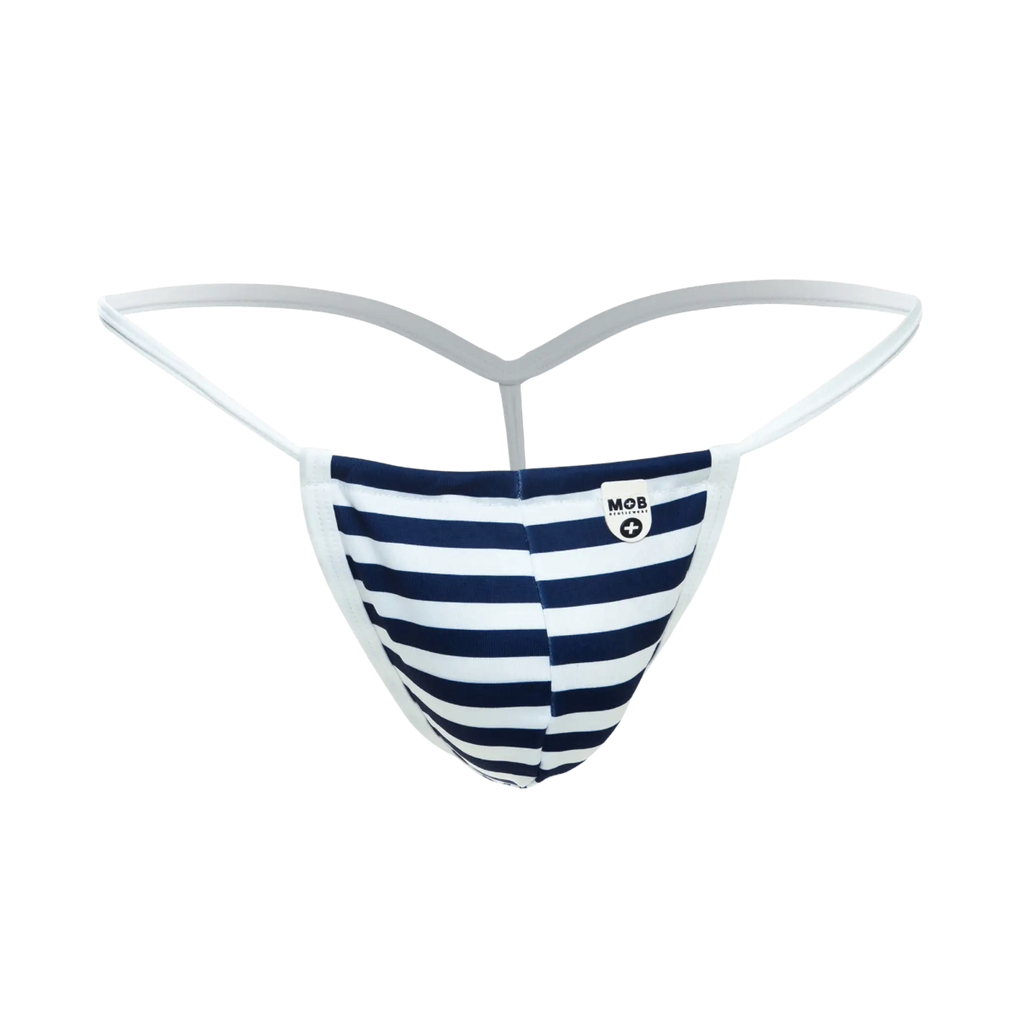 Navy and white striped thong g-string with white elastic waistband from mob print g-string out collection front view