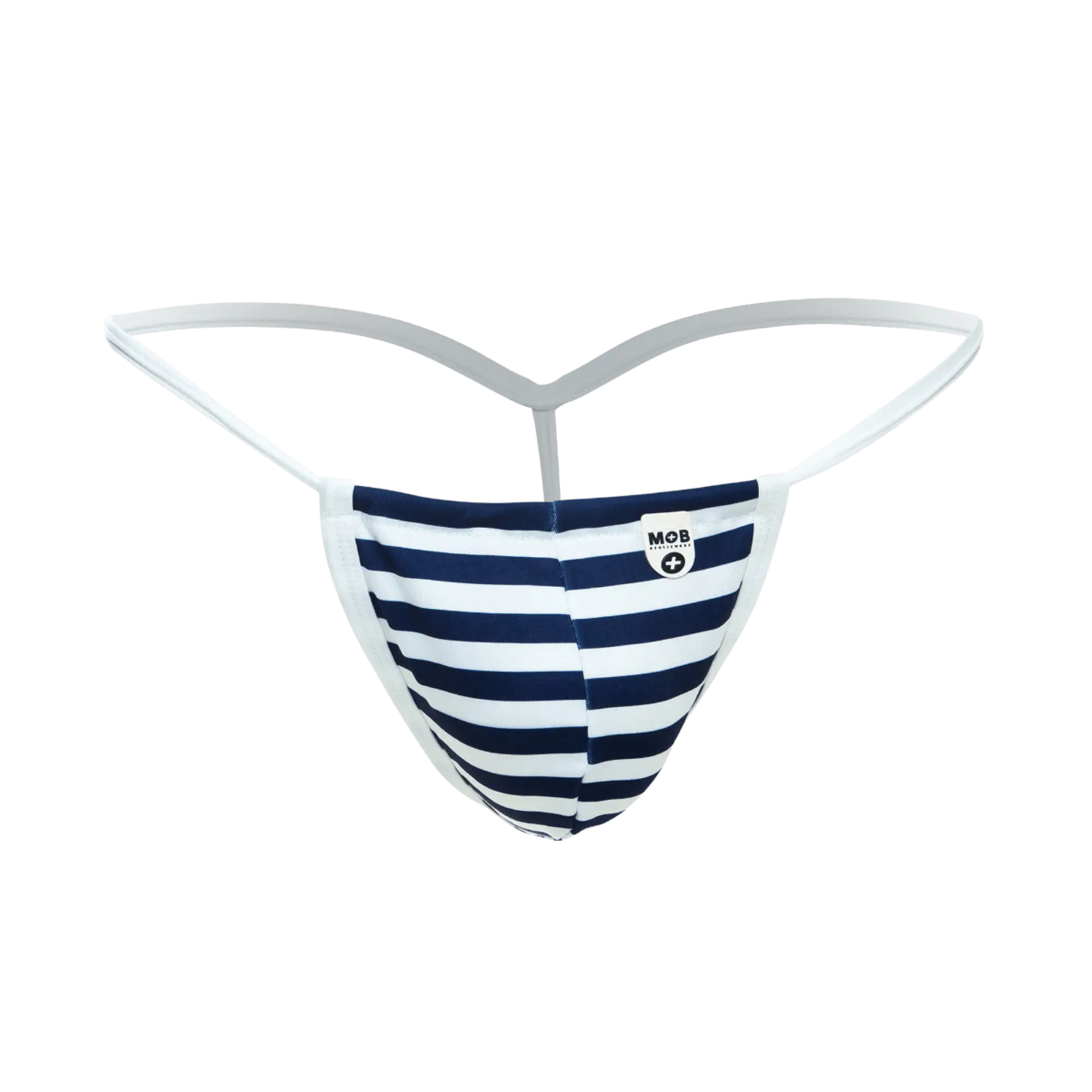 Navy and white striped thong with a white elastic waistband from mob print g-string out collection