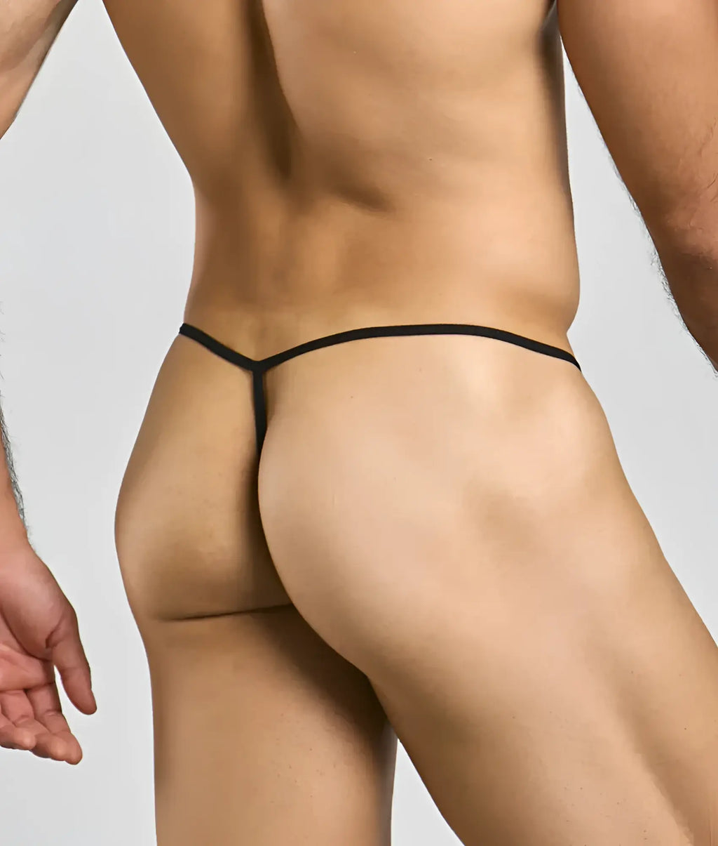 Black thong g-string with a thin sleek design from mob print g-string new shown from the back side