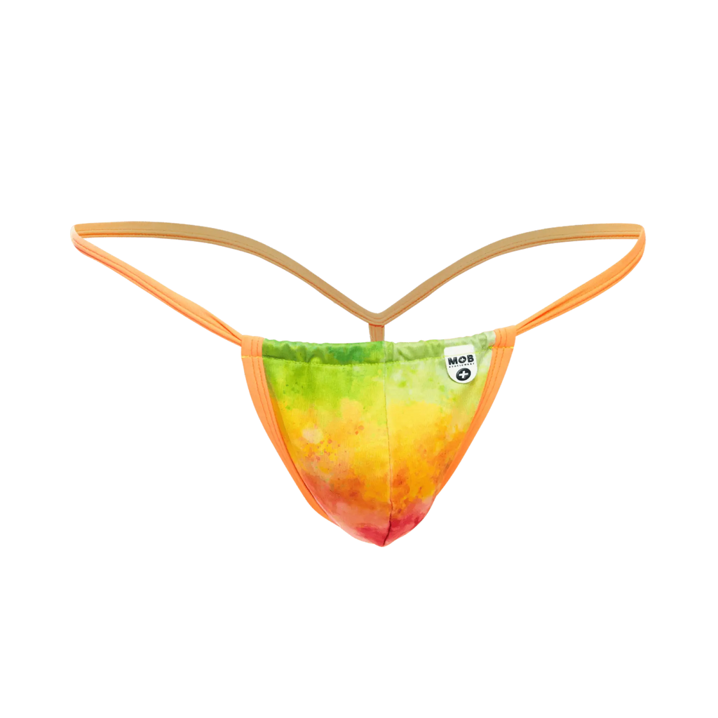 Vibrant rainbow tie-dye mob print g-string thong with orange elastic straps and soft stretchy fabric finish