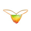 Vibrant rainbow tie-dye mob print g-string thong with orange elastic straps and soft stretchy fabric finish front view