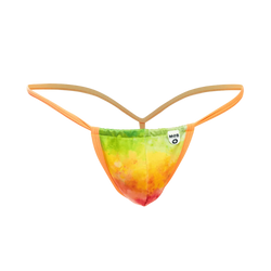 Vibrant rainbow tie-dye mob print g-string thong with orange elastic straps and soft stretchy fabric finish front view