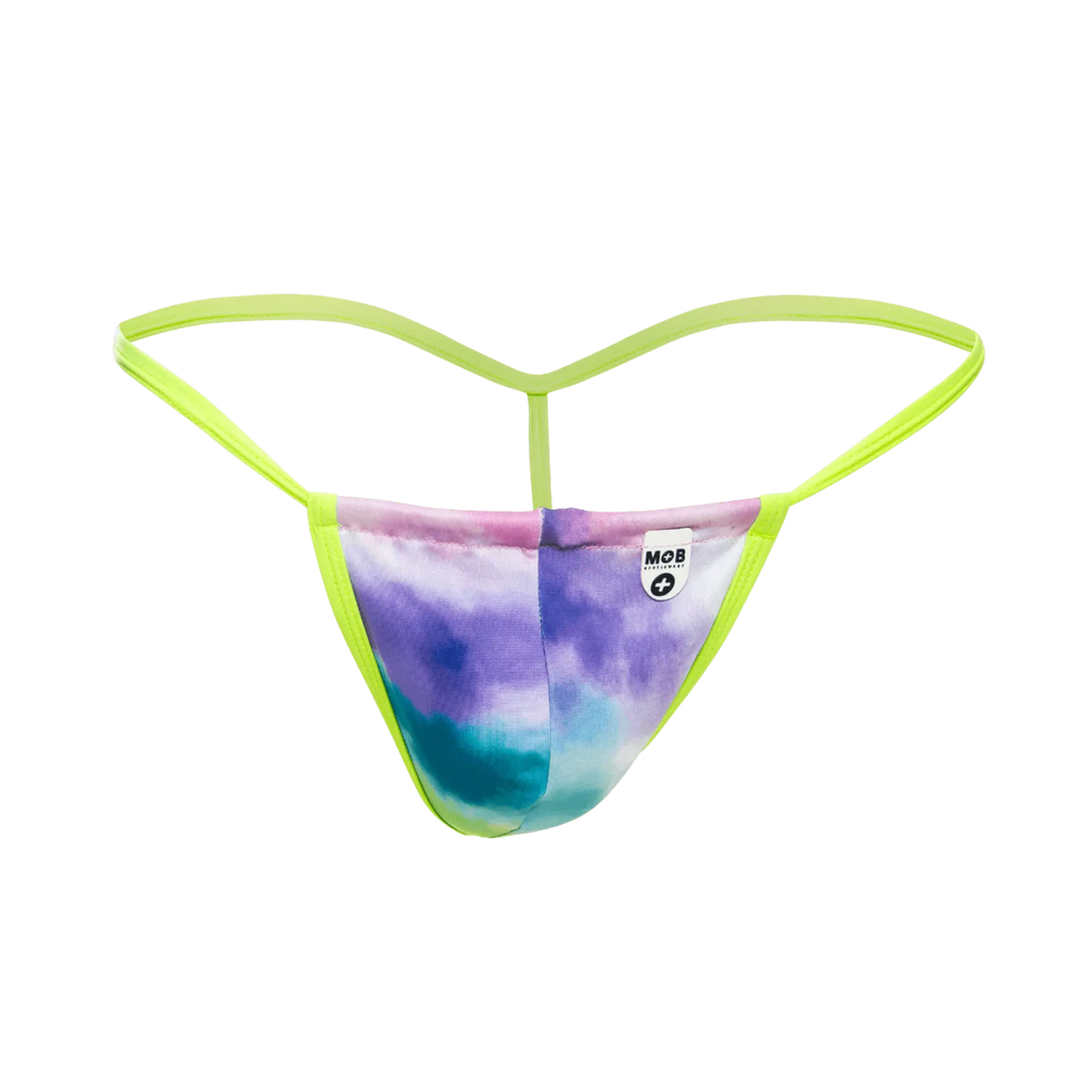 MOB Print G-String Out vibrant tie-dye thong with neon green elastic straps and purple blue pink gradient colors