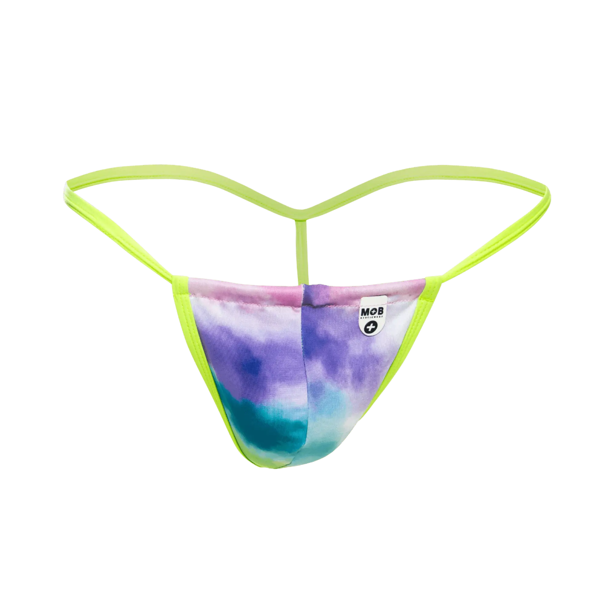 MOB Print G-String Out vibrant tie-dye thong with neon green elastic straps and purple blue pink gradient colors