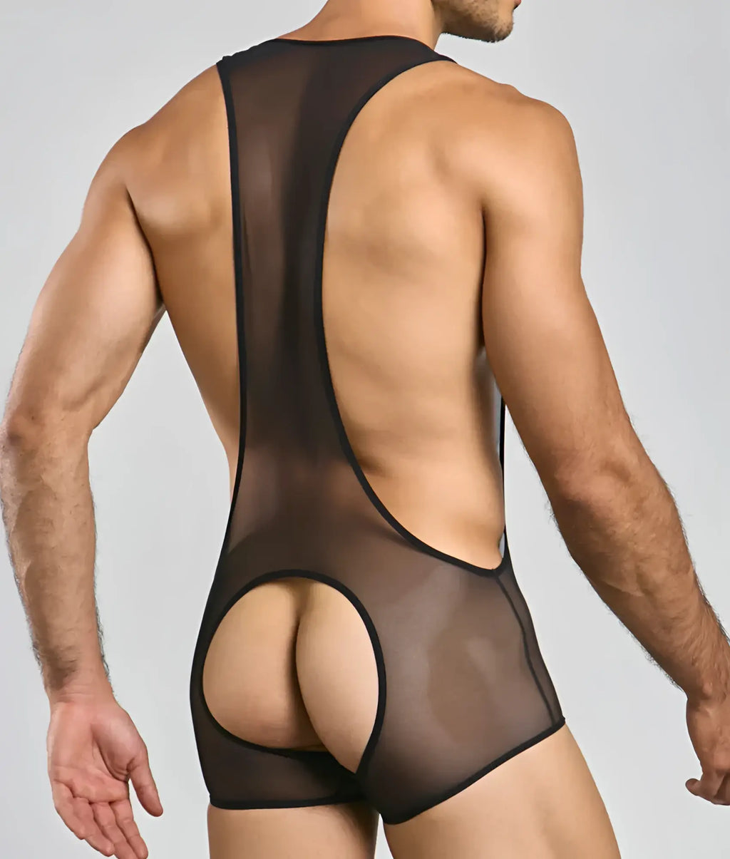 Back of black sheer mesh mob singlet bodysuit with cutout and black trim