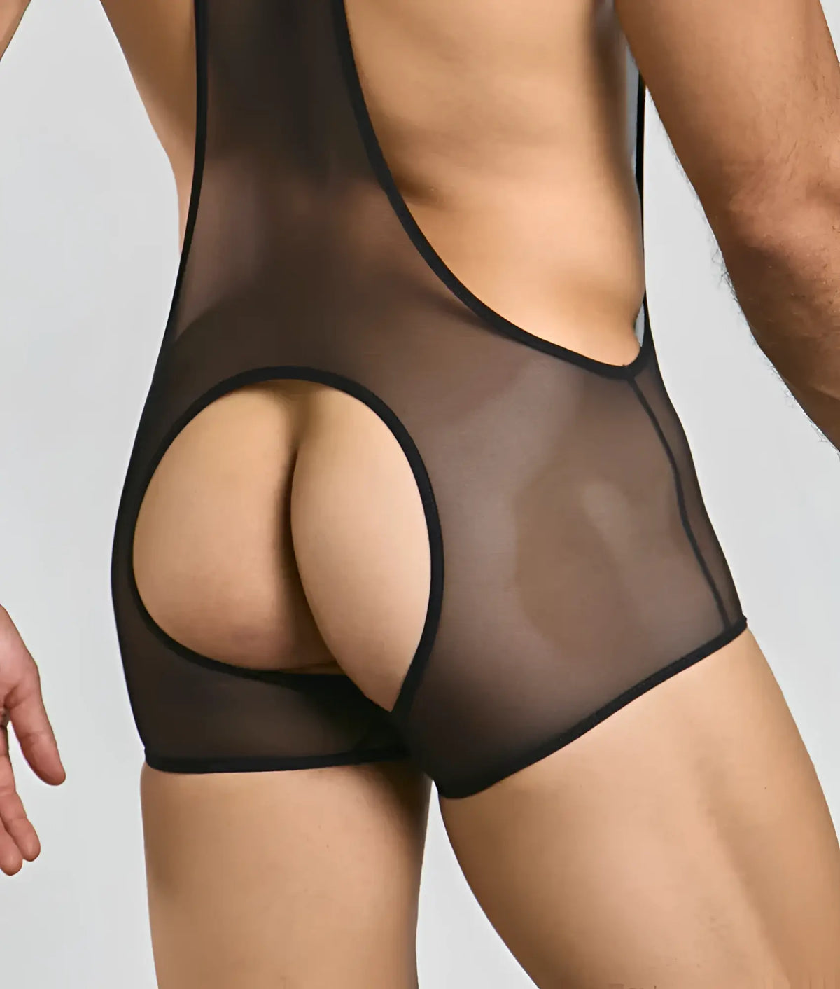 Back side of black sheer mesh mob singlet bodysuit with a cutout detail at the back