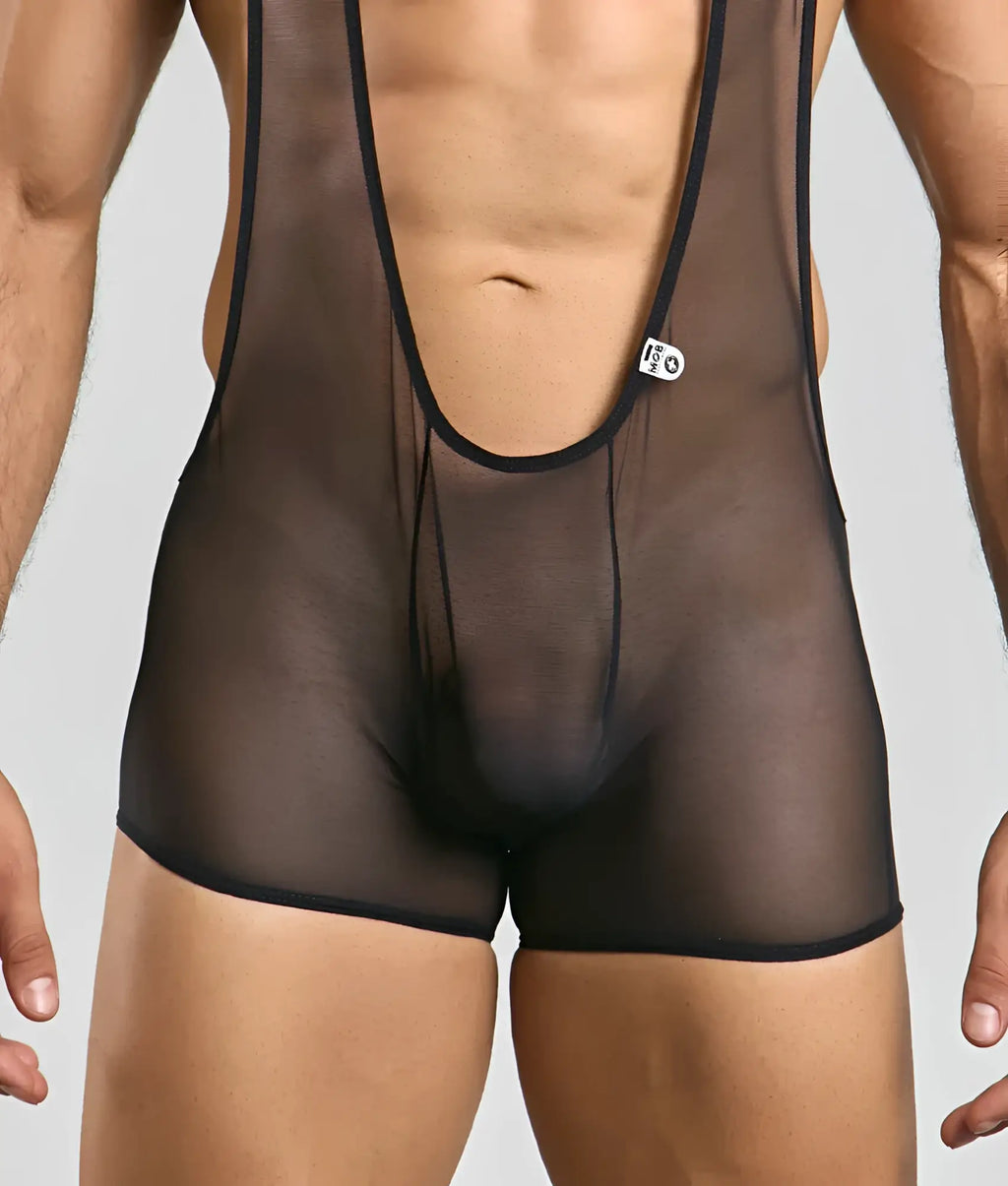 Black sheer mesh men’s bodysuit mob singlet with black trim and small white logo tag