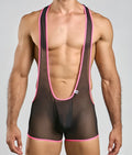 Mob singlet black sheer wrestling singlet with vibrant pink trim on straps waistband and leg openings